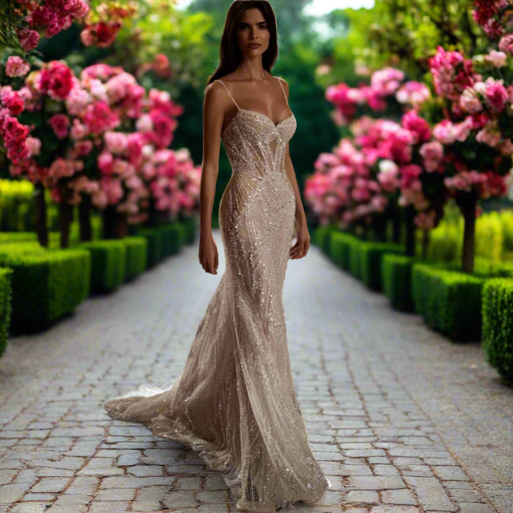 Beaded Strapless Wedding Dress With Detachable Tail