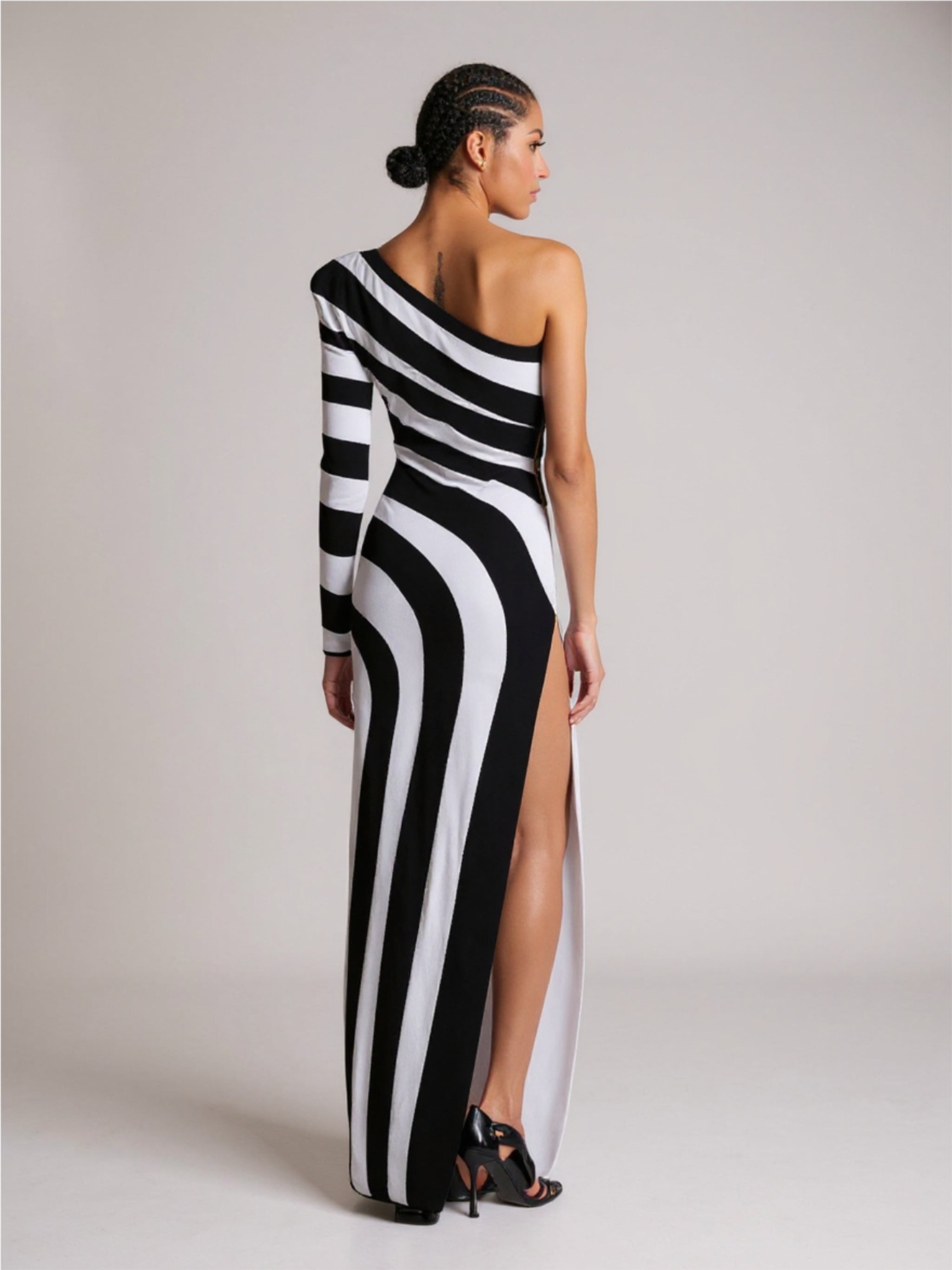 Black & White Striped One Shoulder Dress