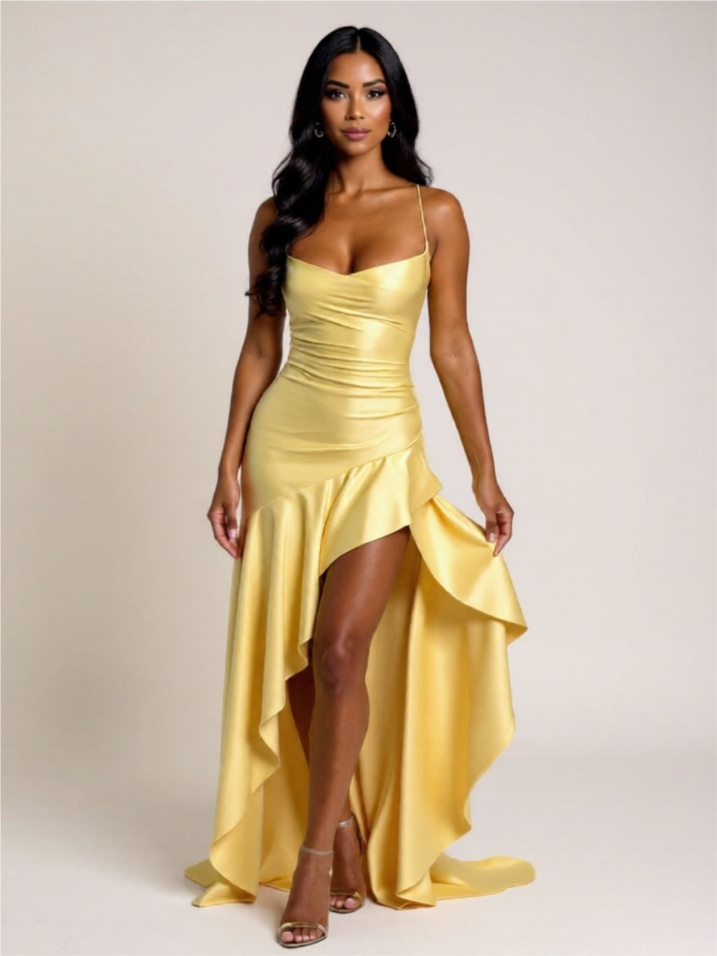 Graceful High-Low Evening Dress – Spaghetti Strap with Ruffle Hem