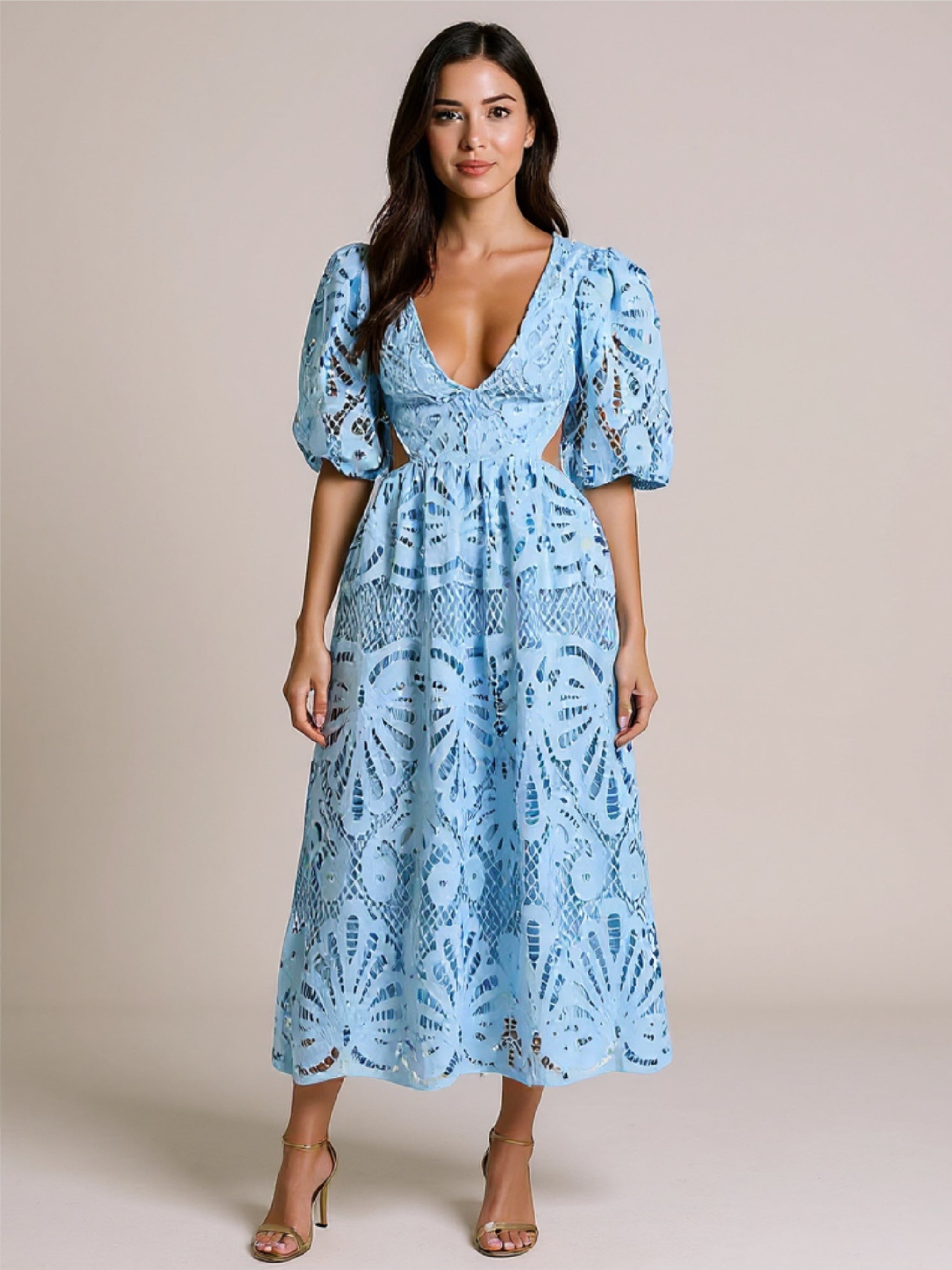 V-Neck Lace Puff Sleeve Dress