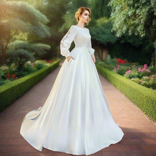Long Puff Sleeve A-Line Satin Wedding Gown
