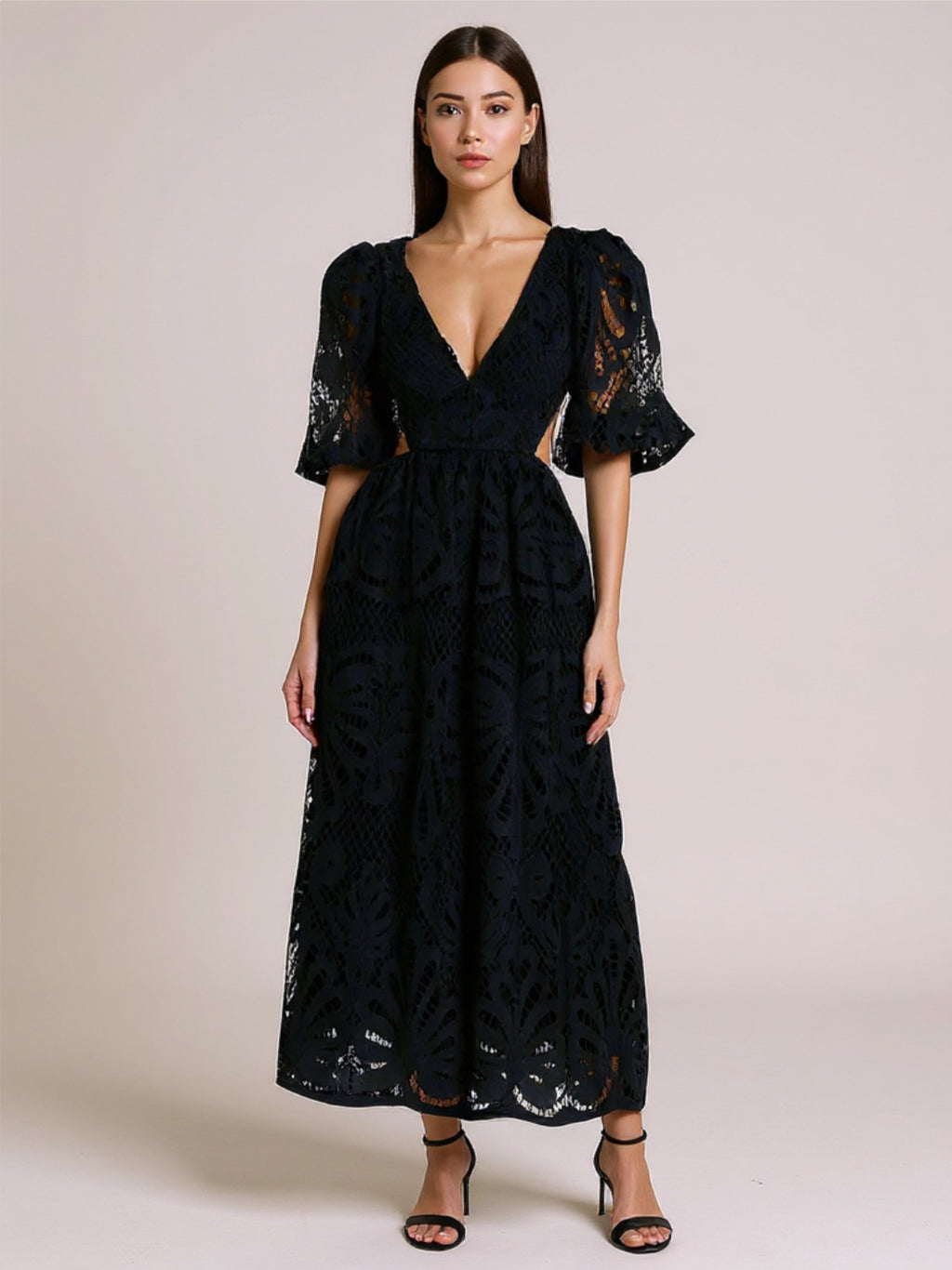 V-Neck Lace Puff Sleeve Dress