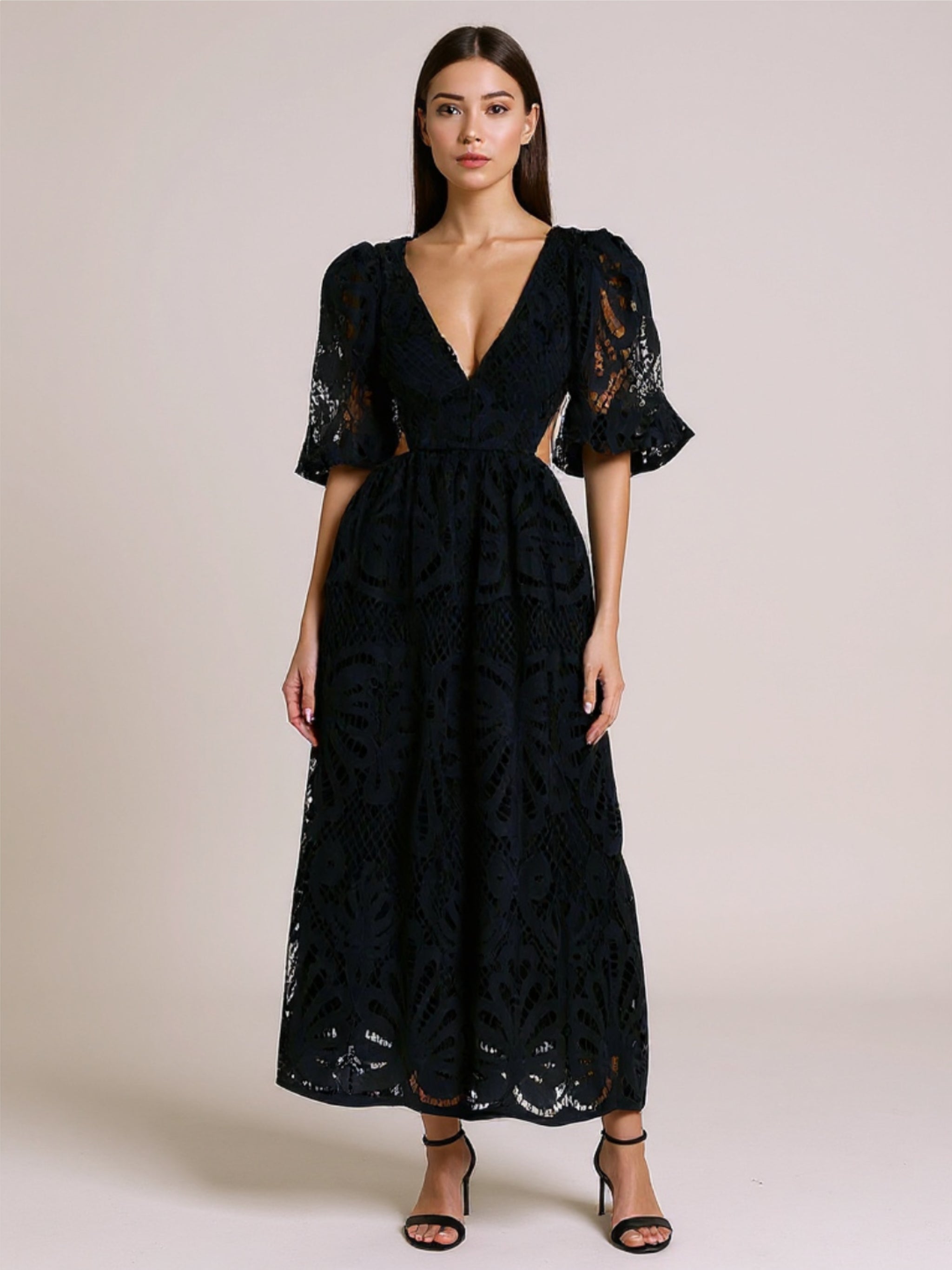 V-Neck Lace Puff Sleeve Dress