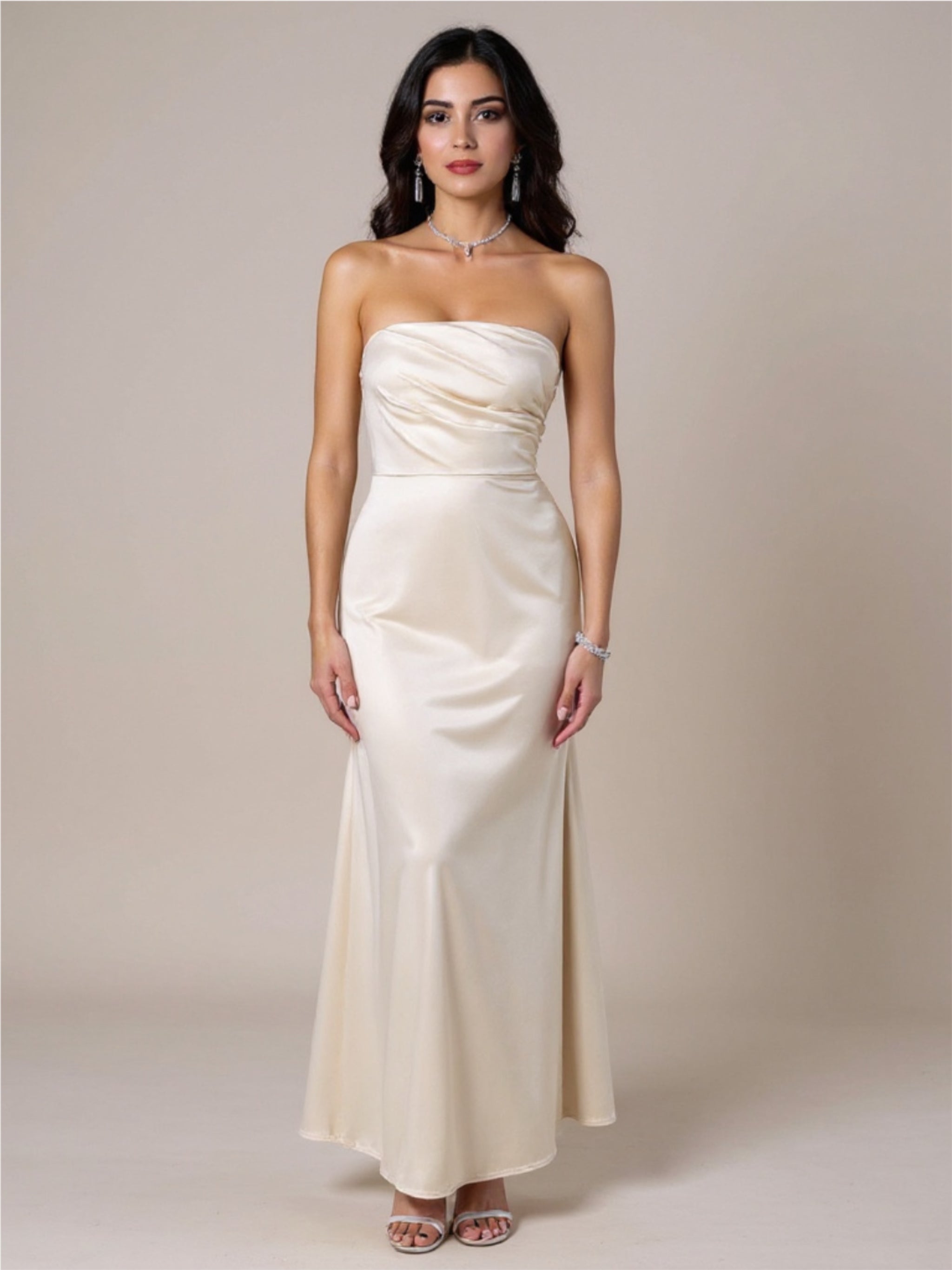 Ruched Satin Strapless Maxi Dress