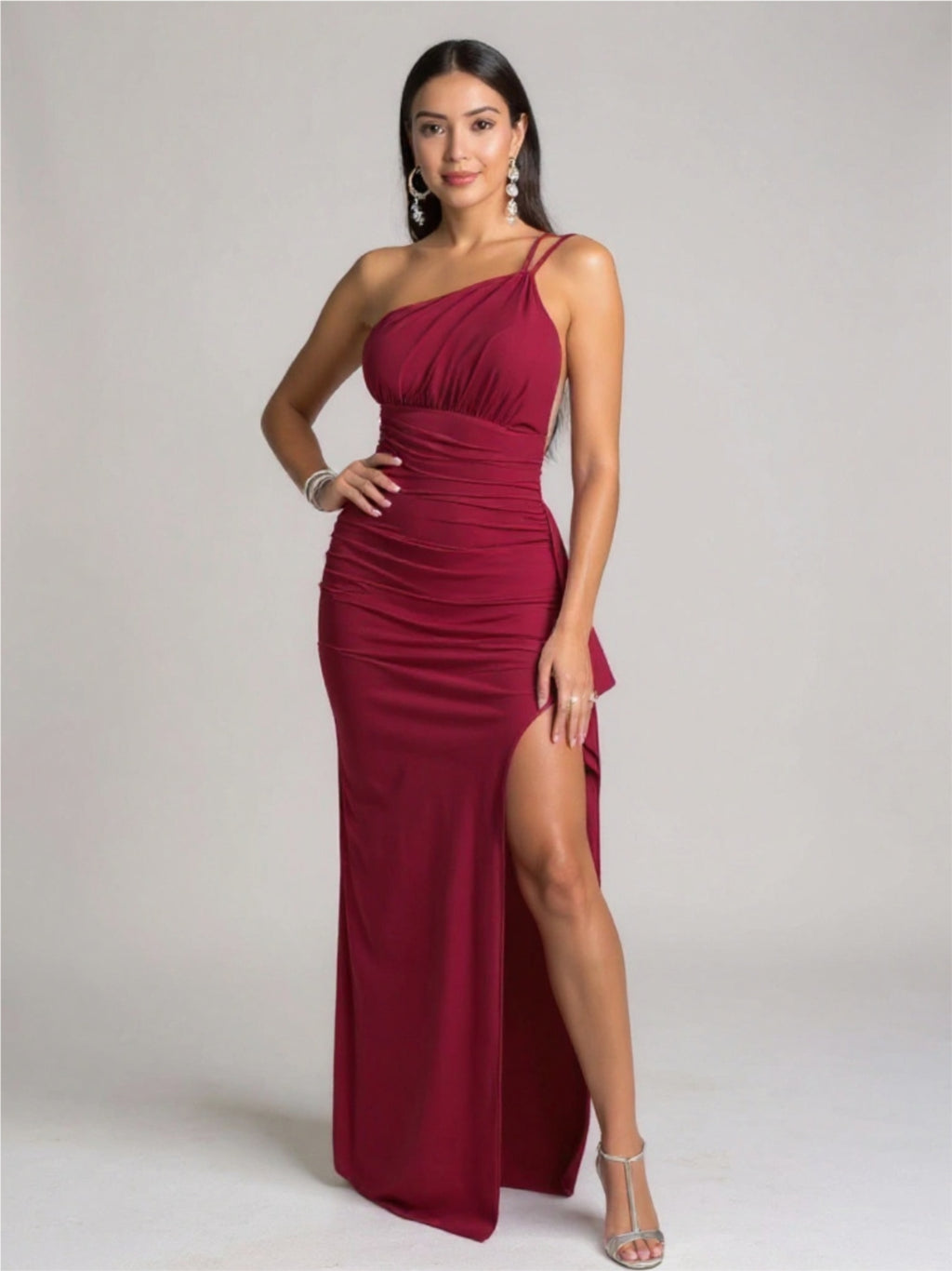 One Shoulder Ruched Maxi Dress with High Slit