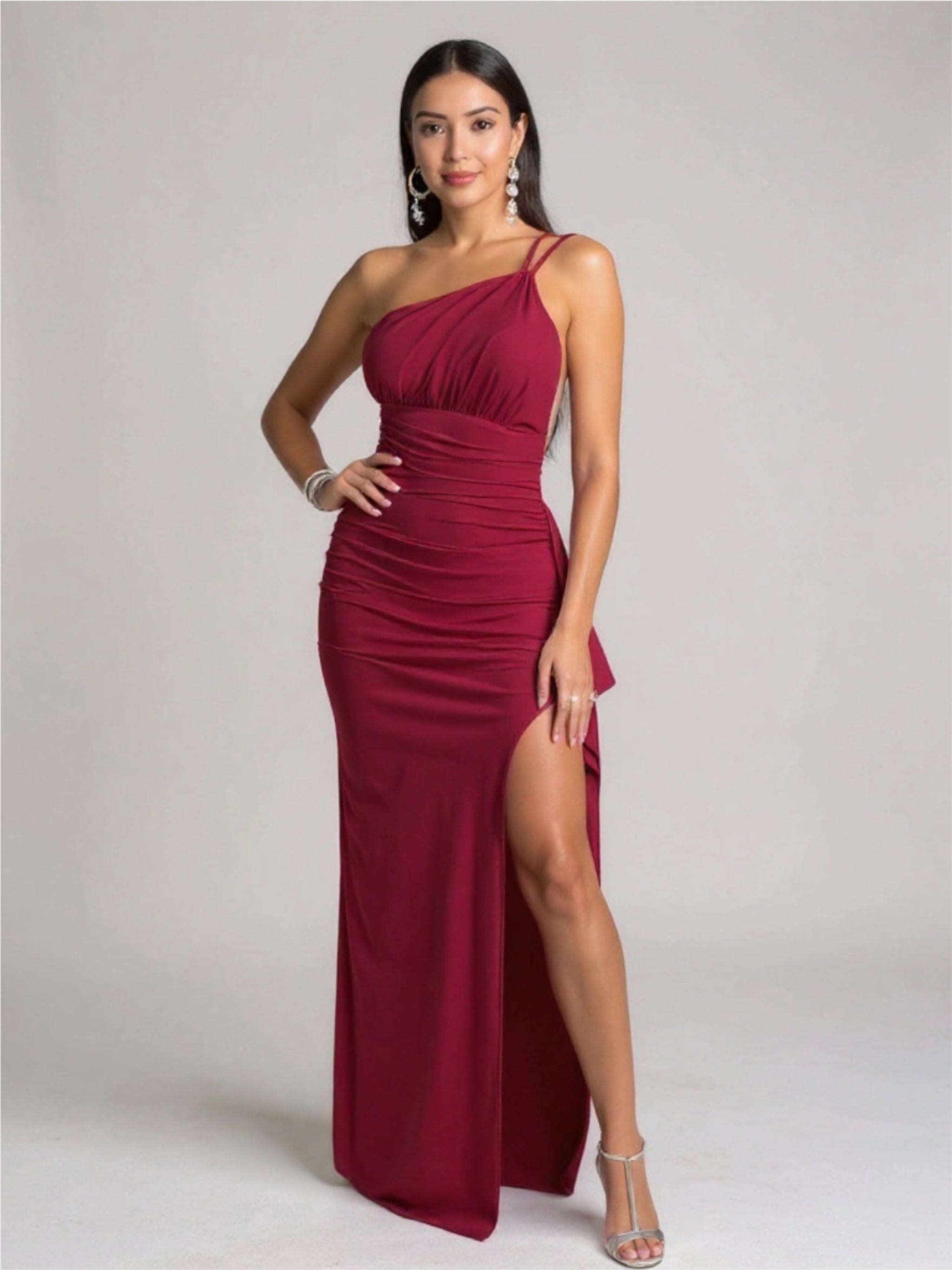 One Shoulder Ruched Maxi Dress with High Slit