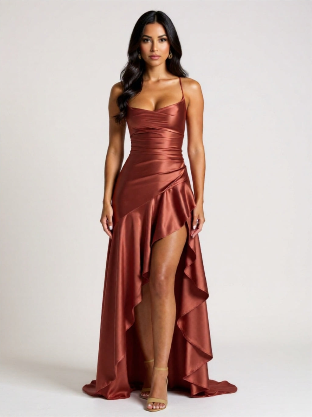 Graceful High-Low Evening Dress – Spaghetti Strap with Ruffle Hem