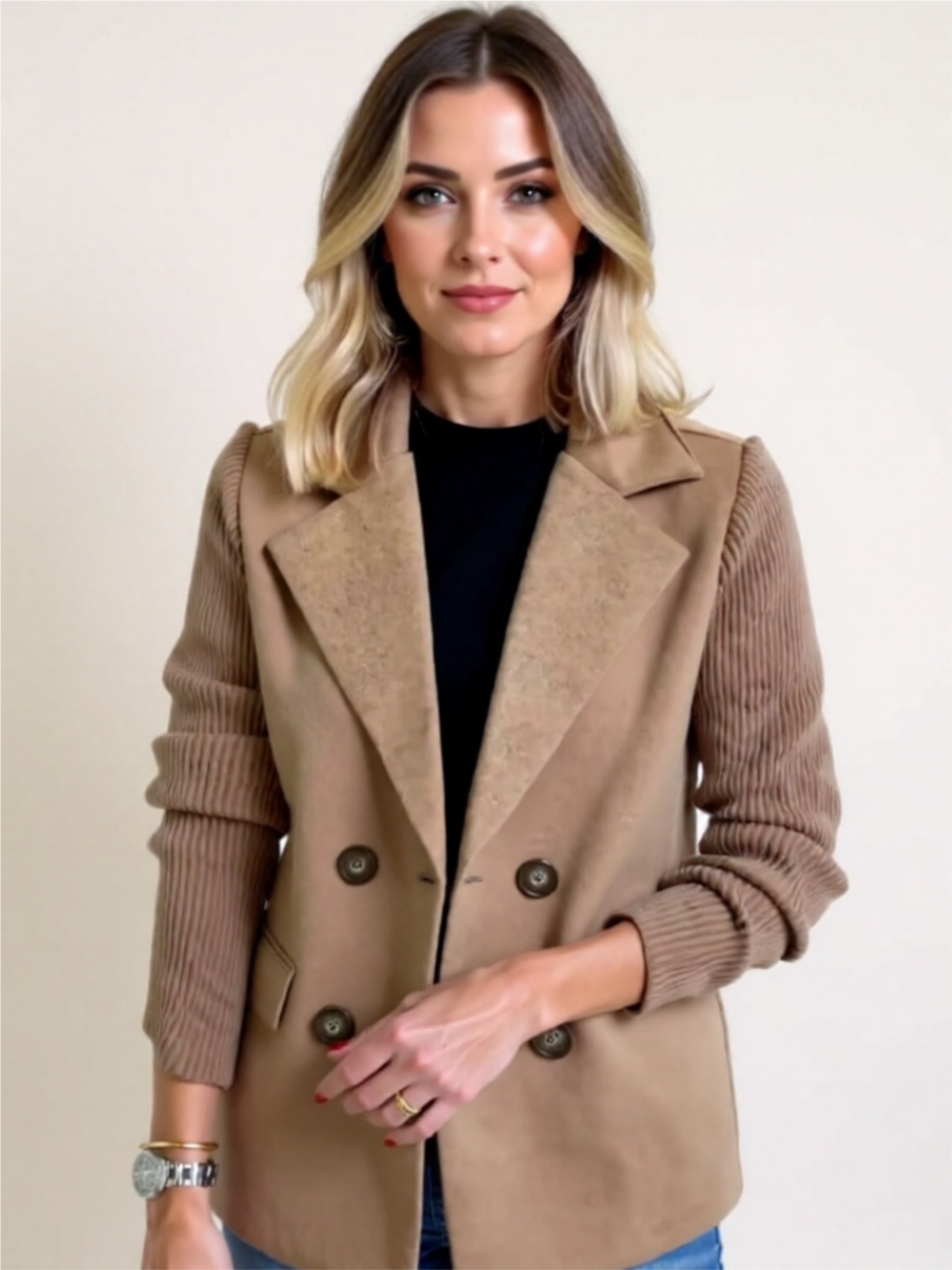 Double-Breasted Ribbed Sleeve Blazer