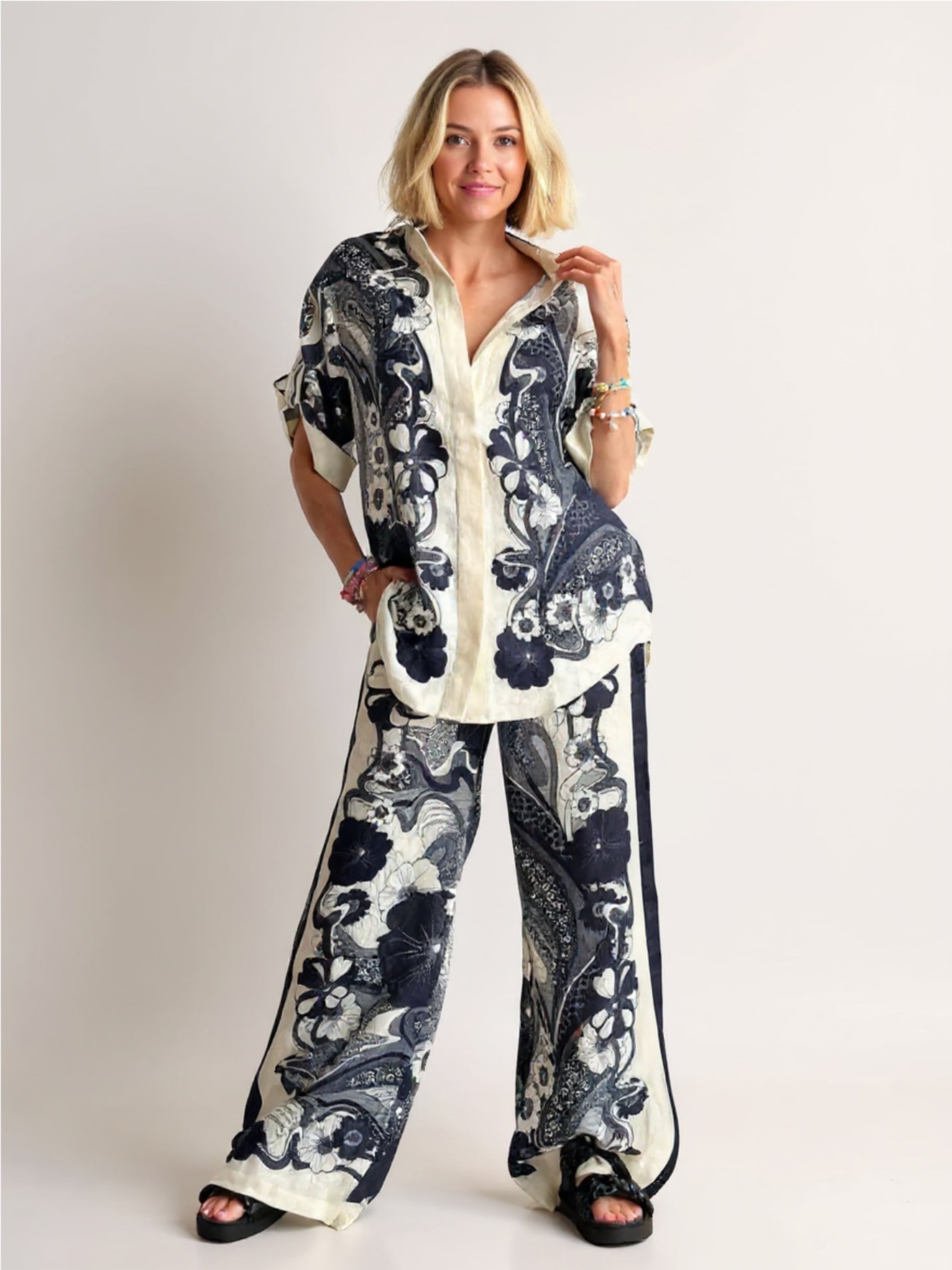 Gray Printed Button Up Shirt and Pants Set