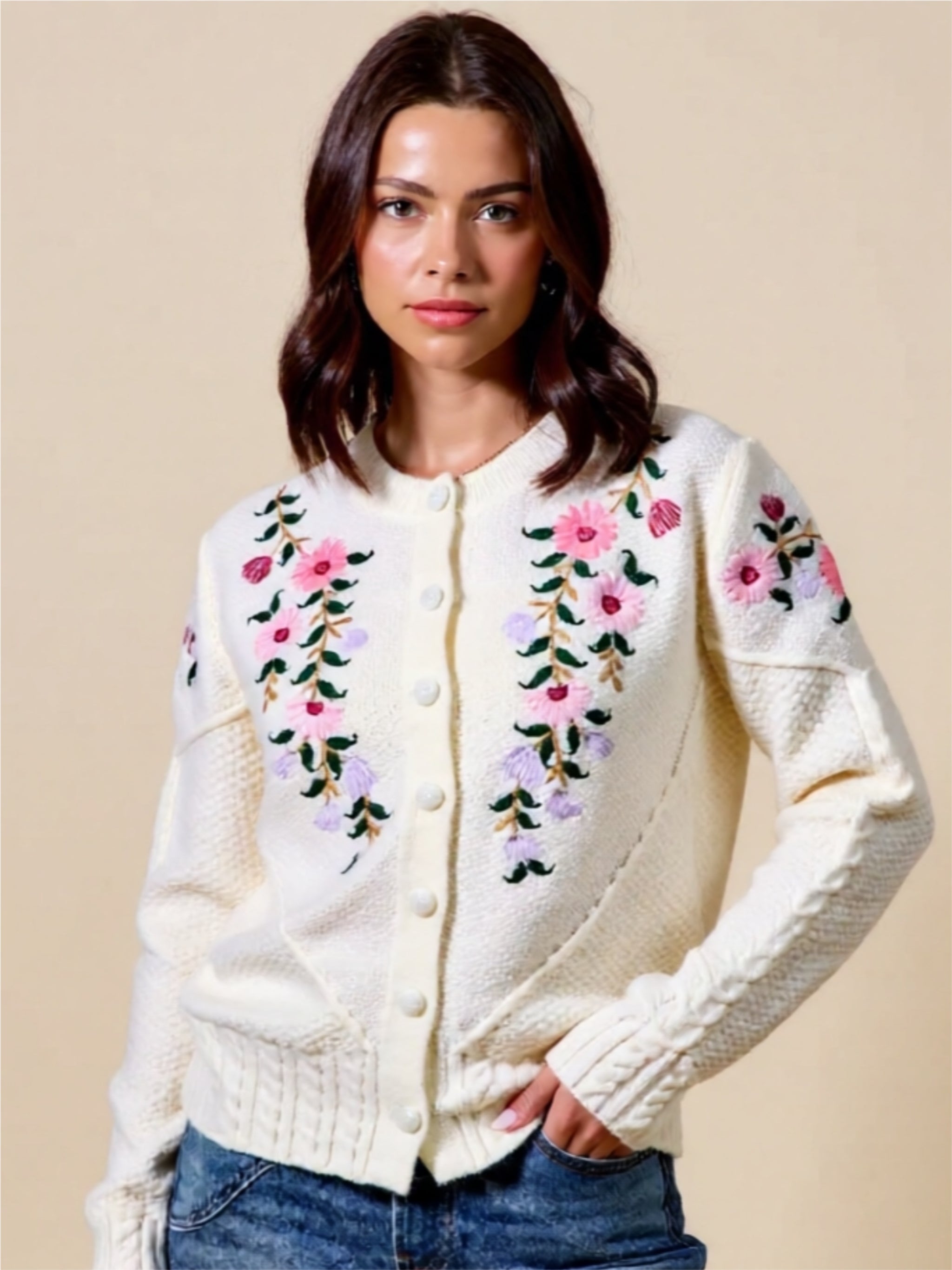 Floral Embroidered Coquette Cable-Knit Cardigan