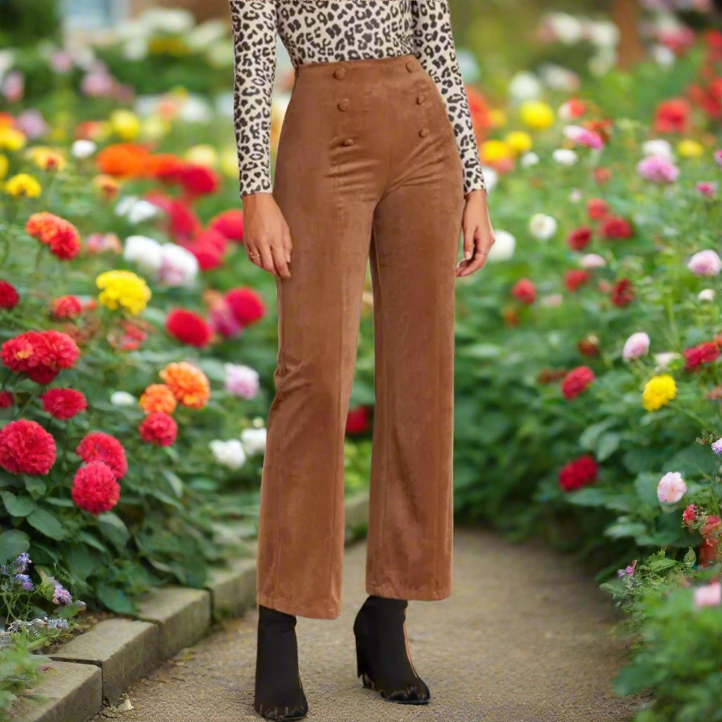 Caramel Straight Leg Trousers with Button Details