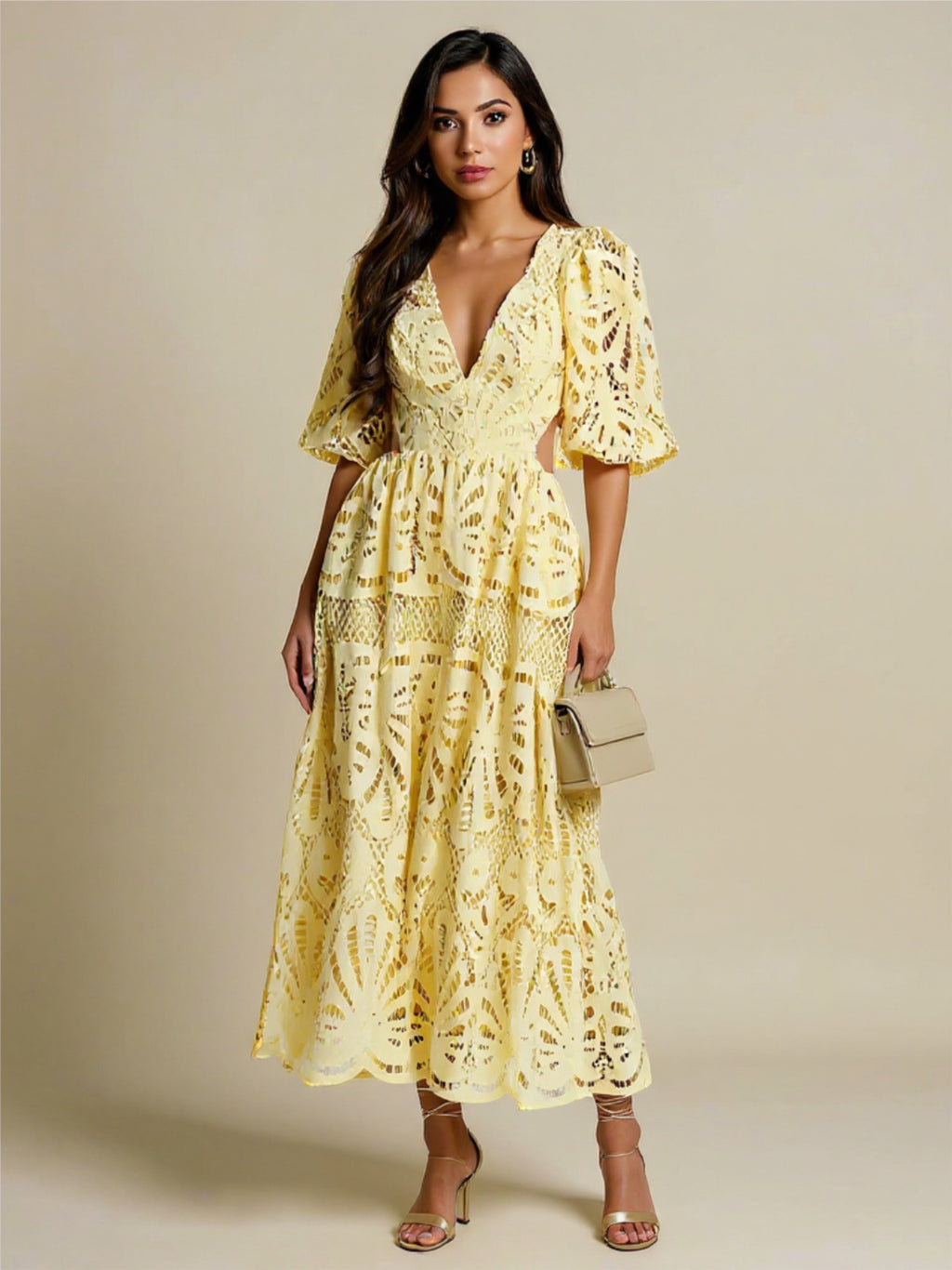 V-Neck Lace Puff Sleeve Dress