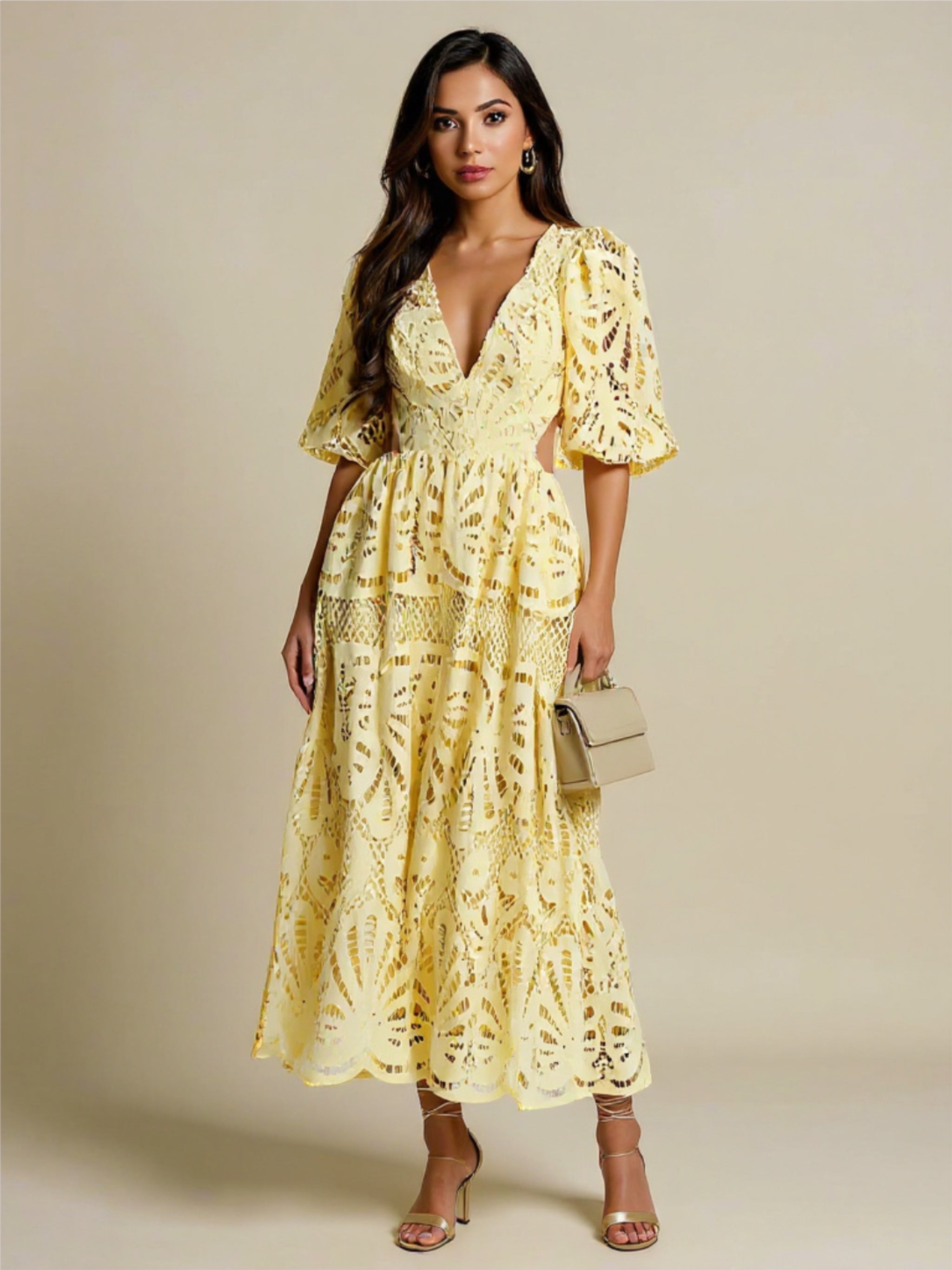 V-Neck Lace Puff Sleeve Dress