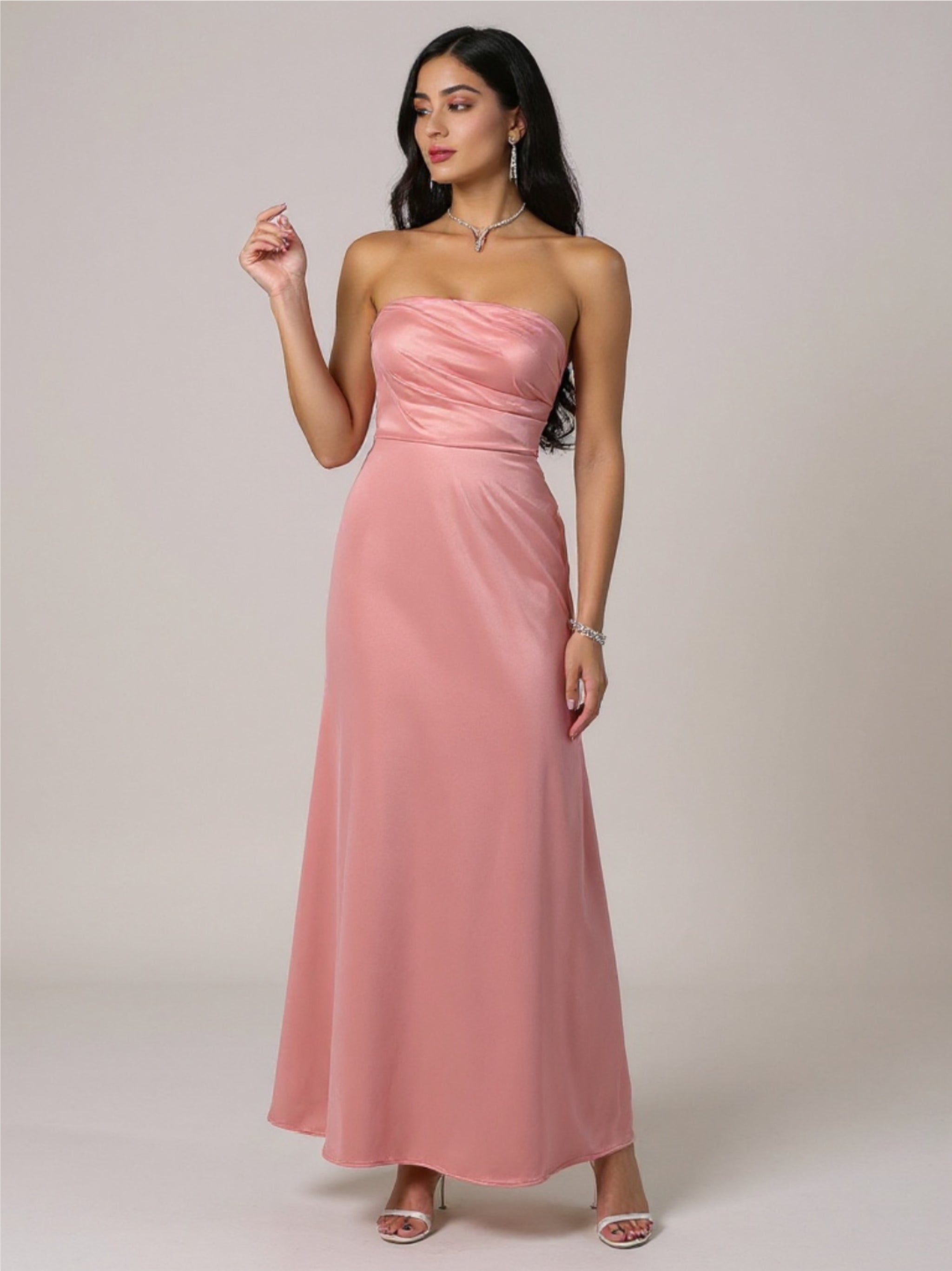 Ruched Satin Strapless Maxi Dress