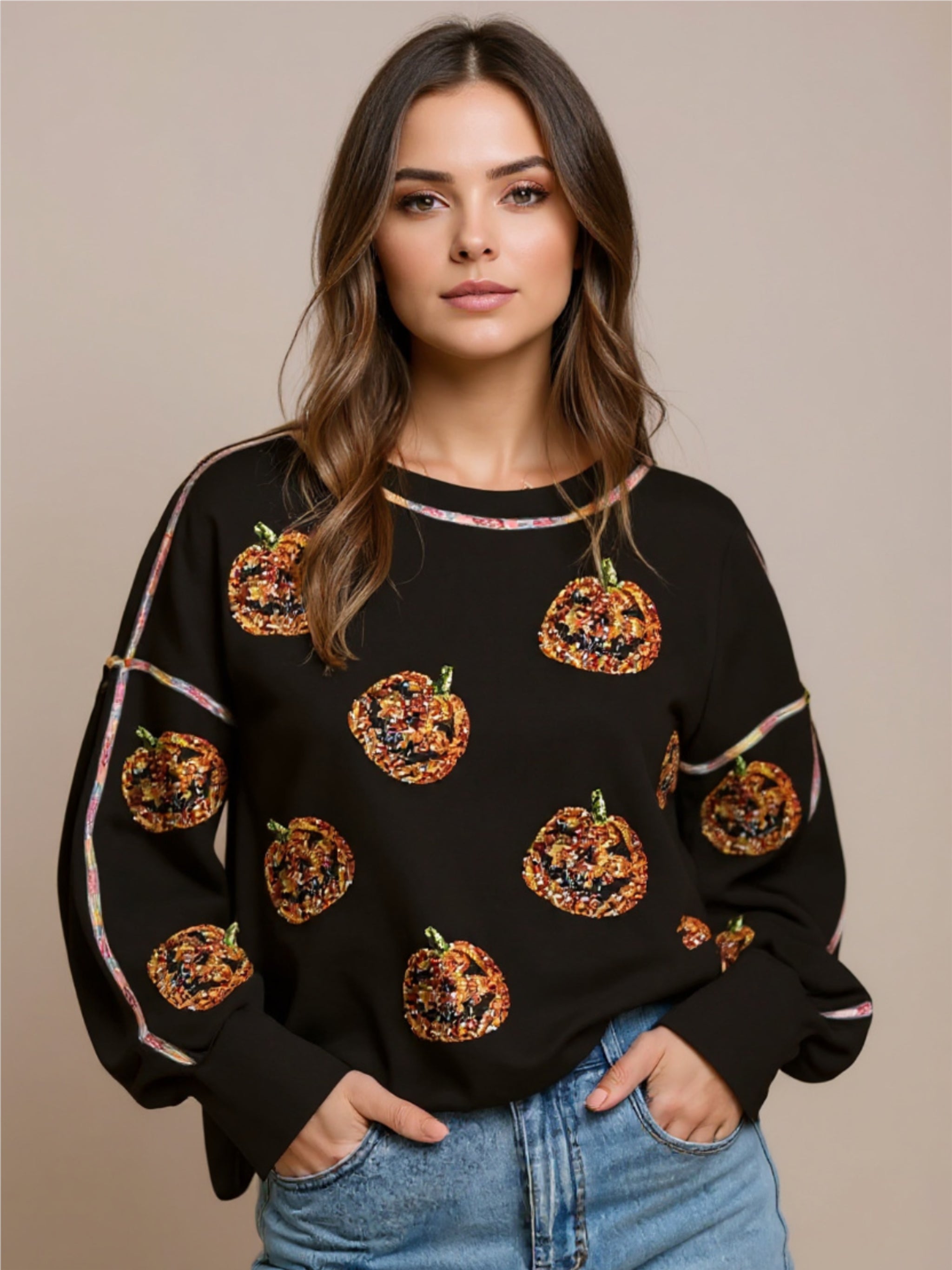 Sequin Pumpkin Round Neck Sweatshirt