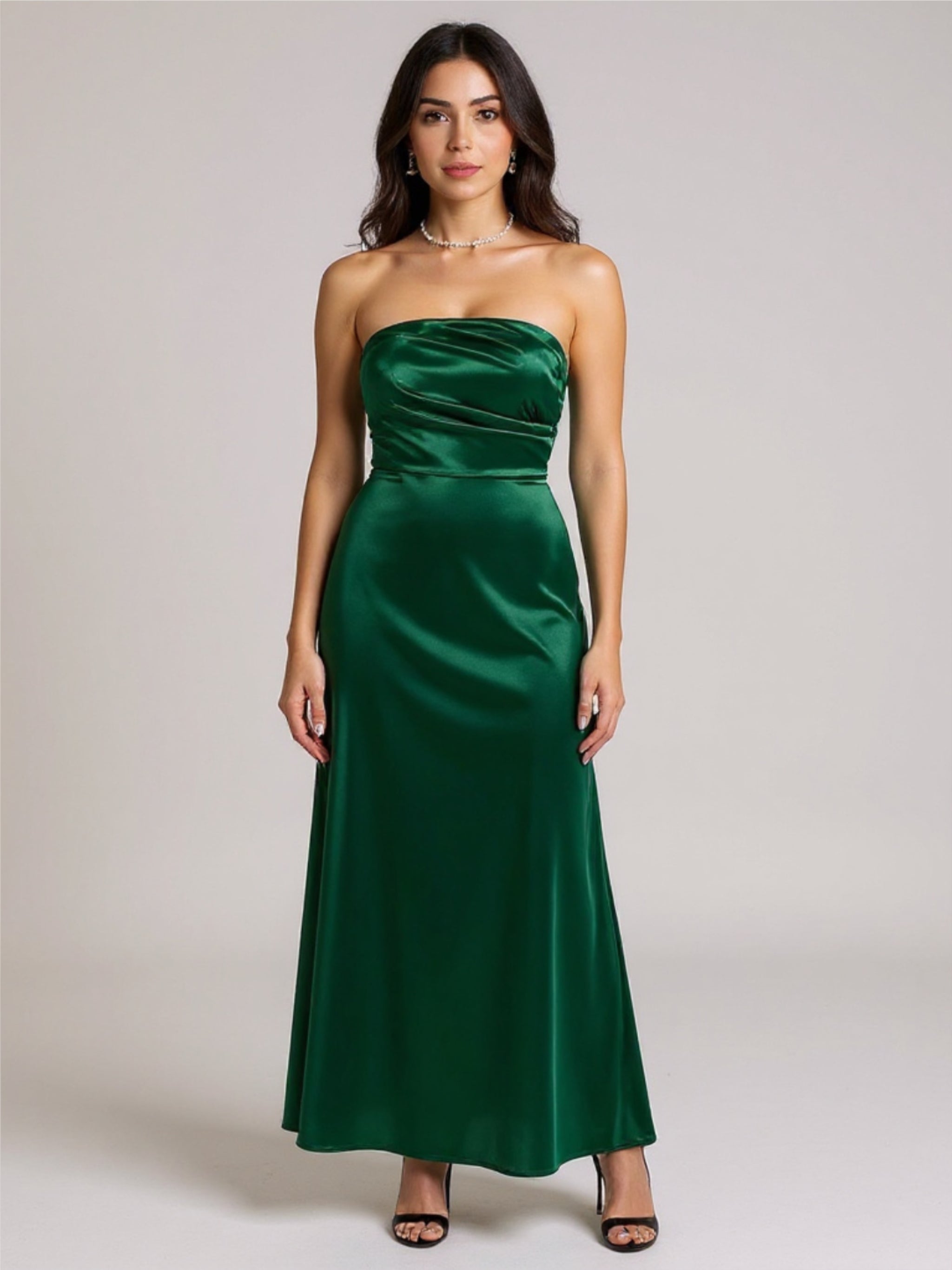 Ruched Satin Strapless Maxi Dress