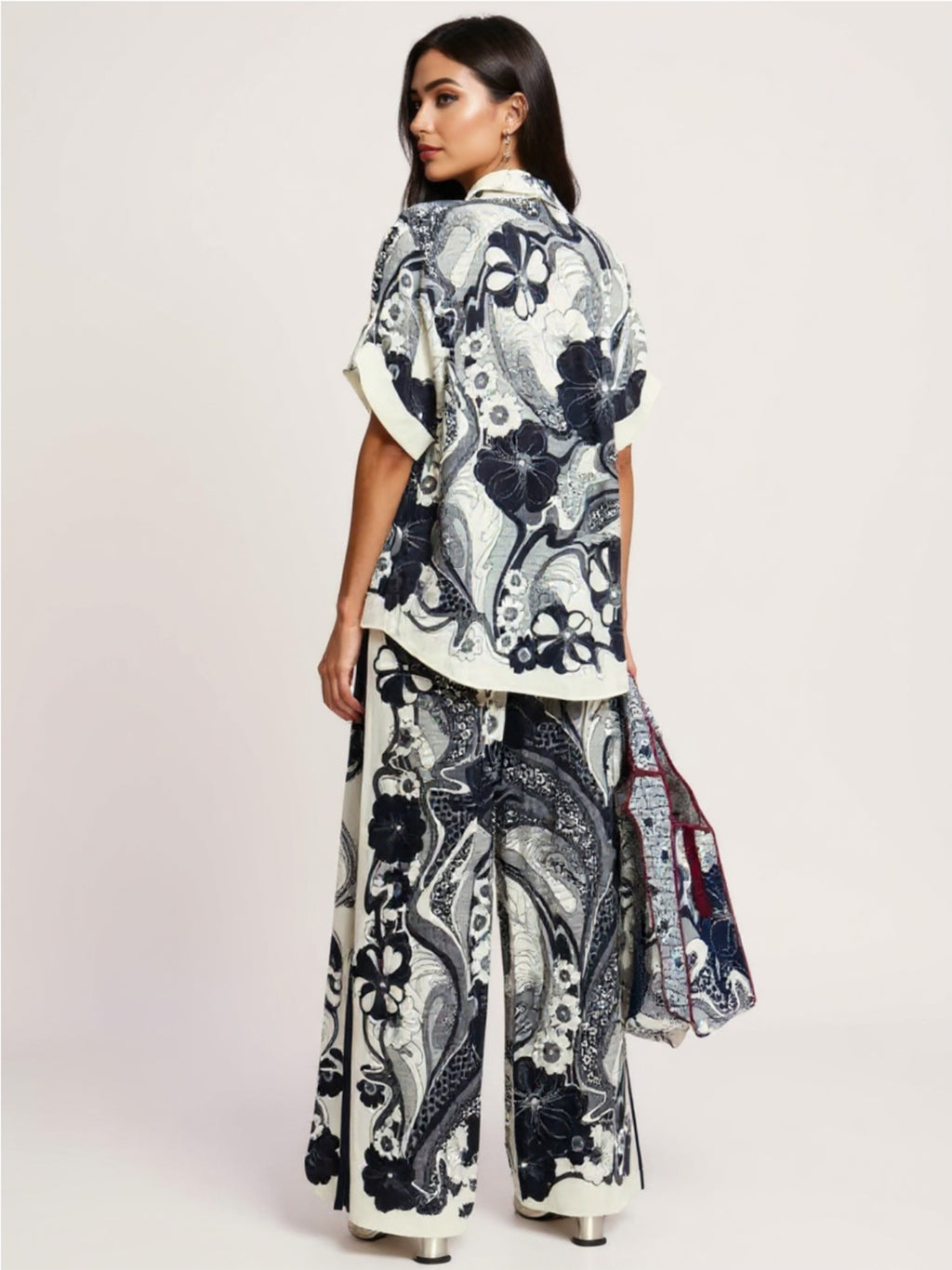 Gray Printed Button Up Shirt and Pants Set