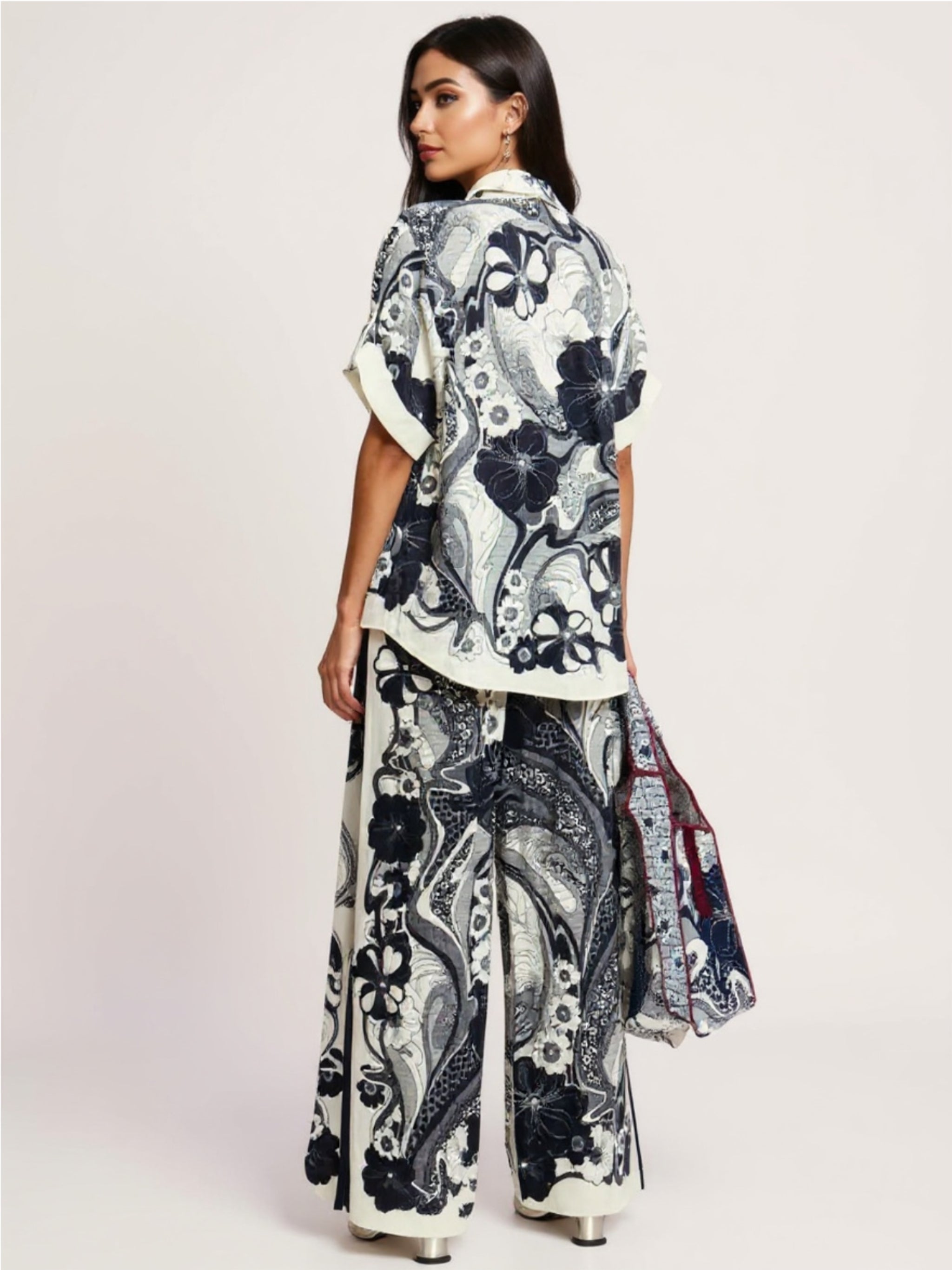 Gray Printed Button Up Shirt and Pants Set