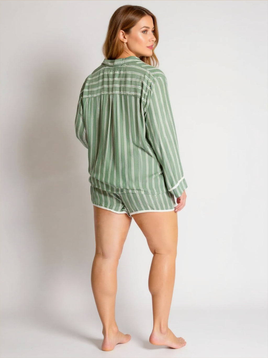 Striped Collared Neck Long Sleeve Top & Shorts Pajama Set