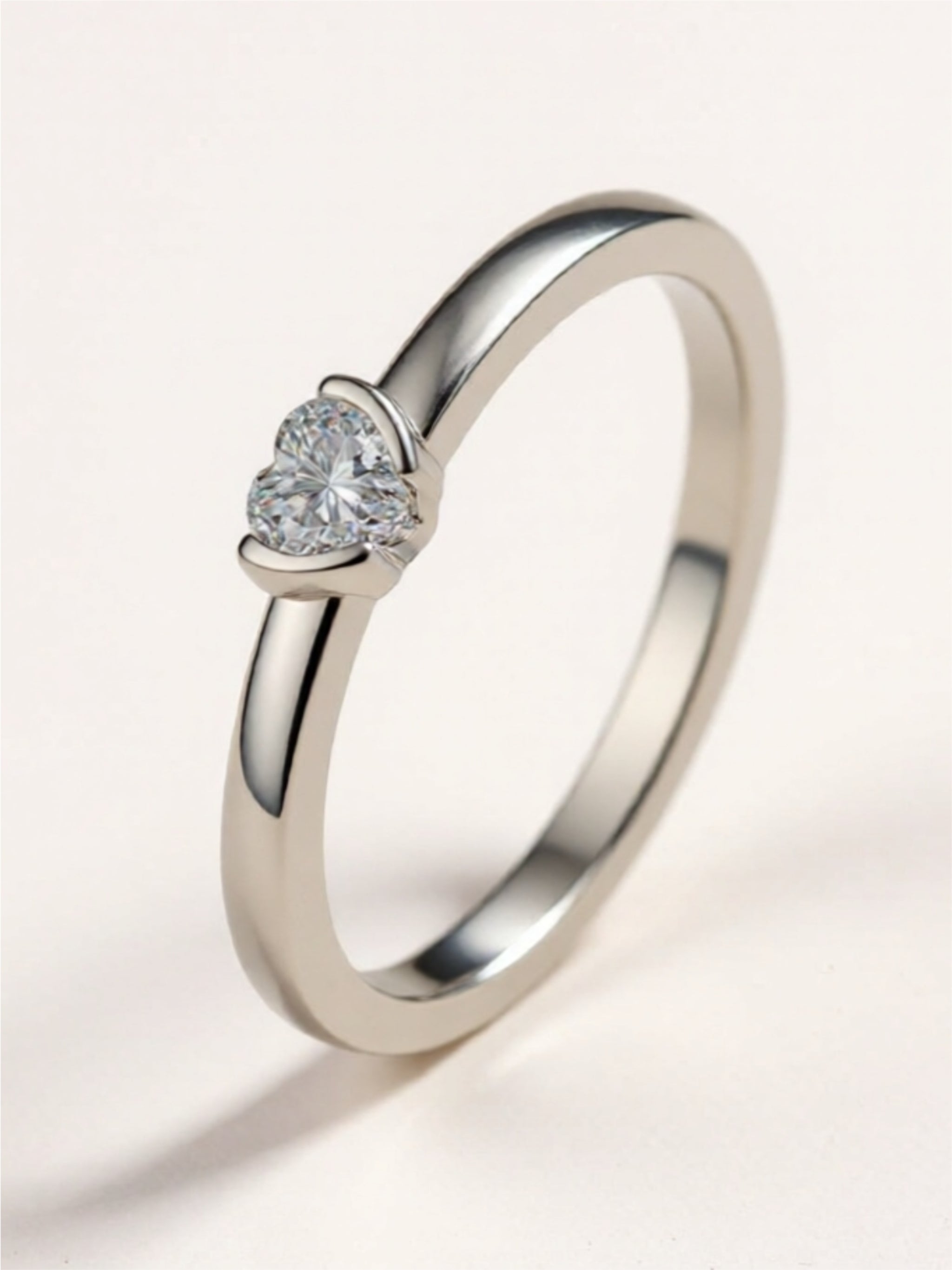 Minimalist Heart Moissanite Ring – Platinum-Plated 925 Sterling Silver