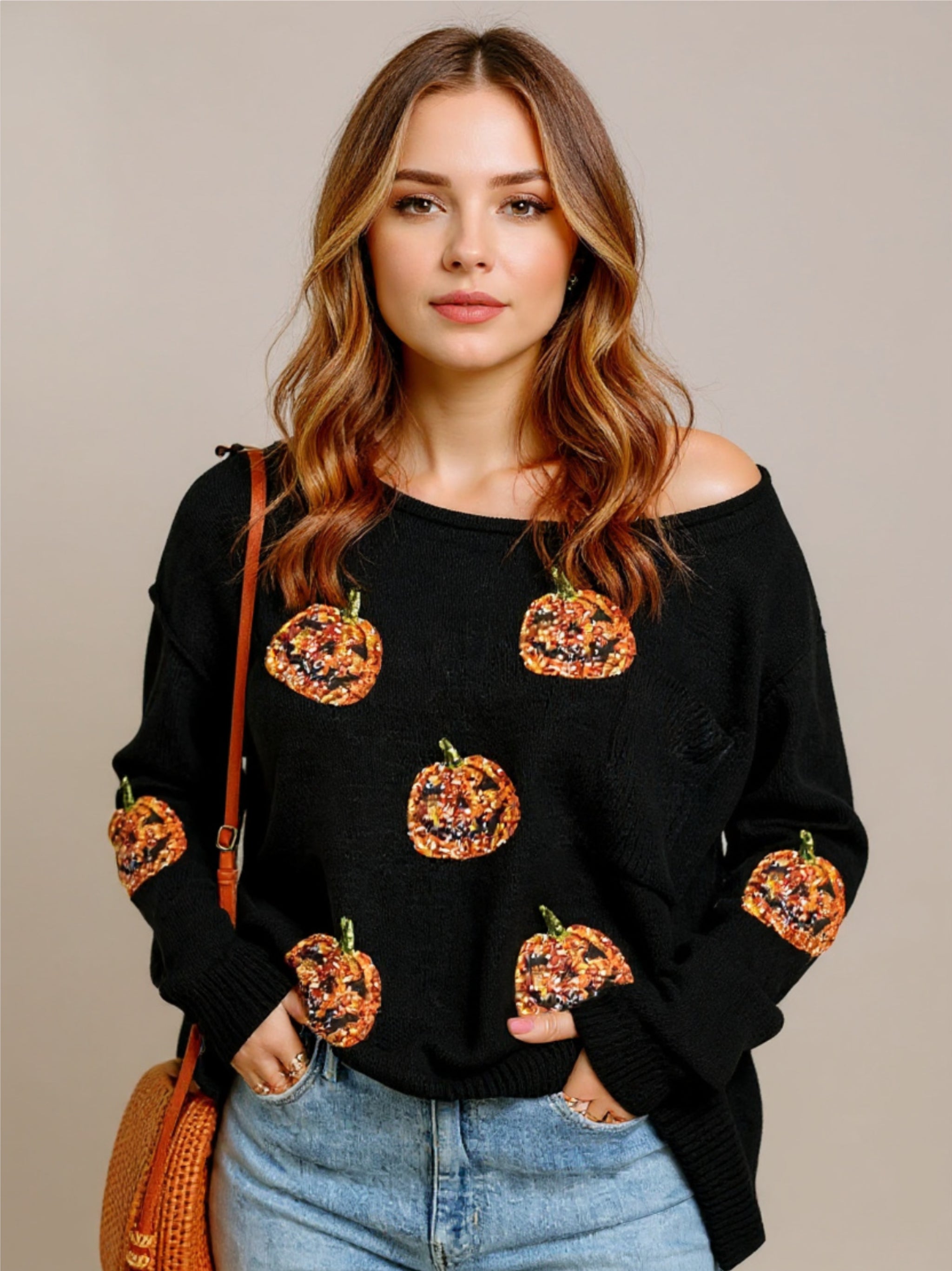 Pumpkin Round Neck Long Sleeve Knit Top
