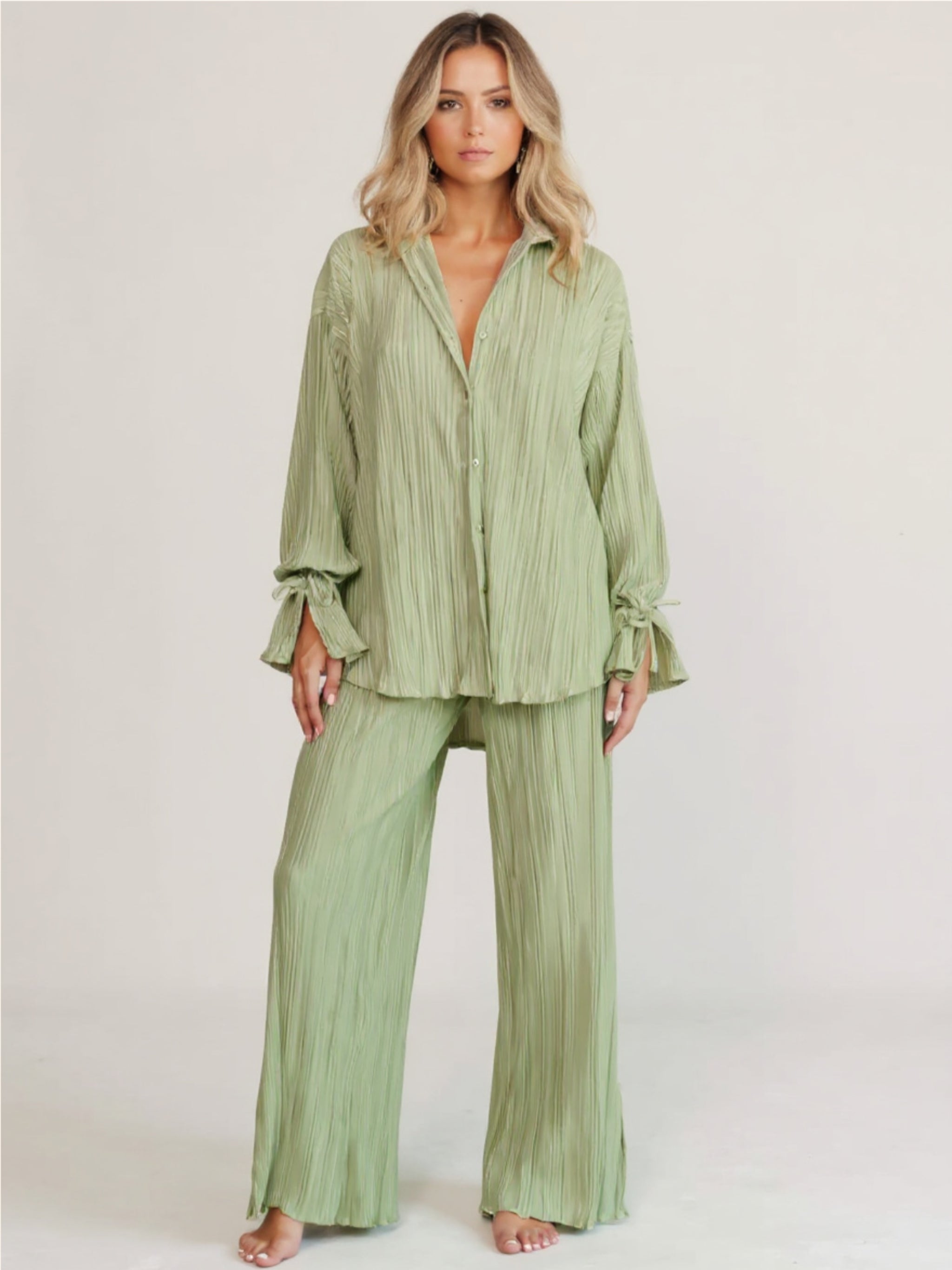 Button Up Long Sleeve Top & Pants Set