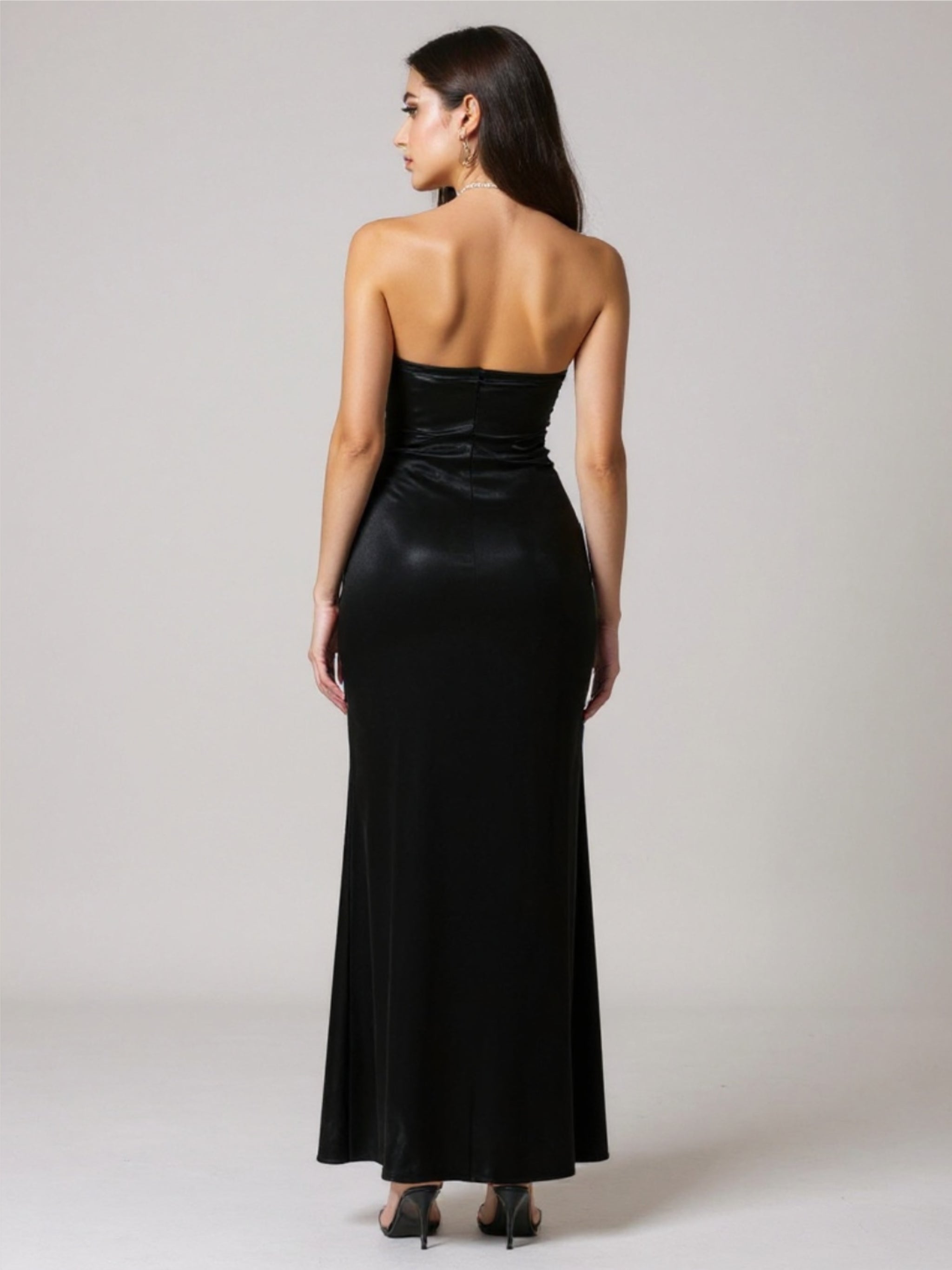 Ruched Satin Strapless Maxi Dress