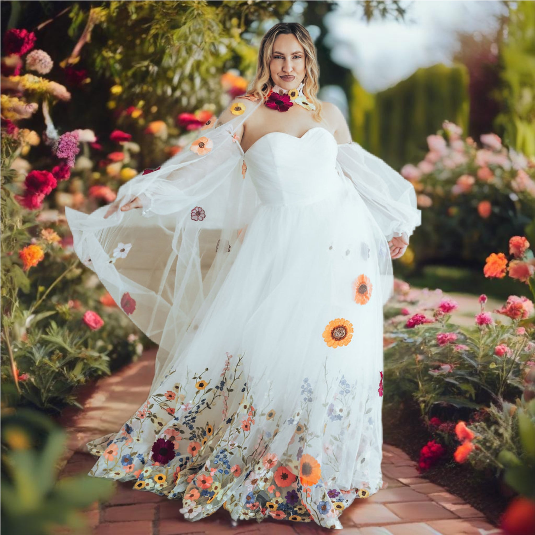 White Embroidered Floral Wedding Dress