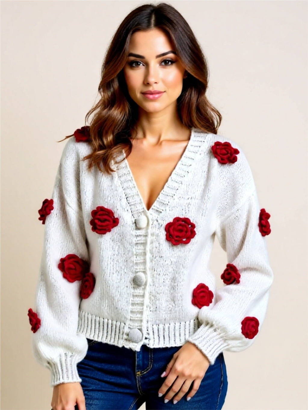 3D Floral Appliqué Buttoned Cardigan