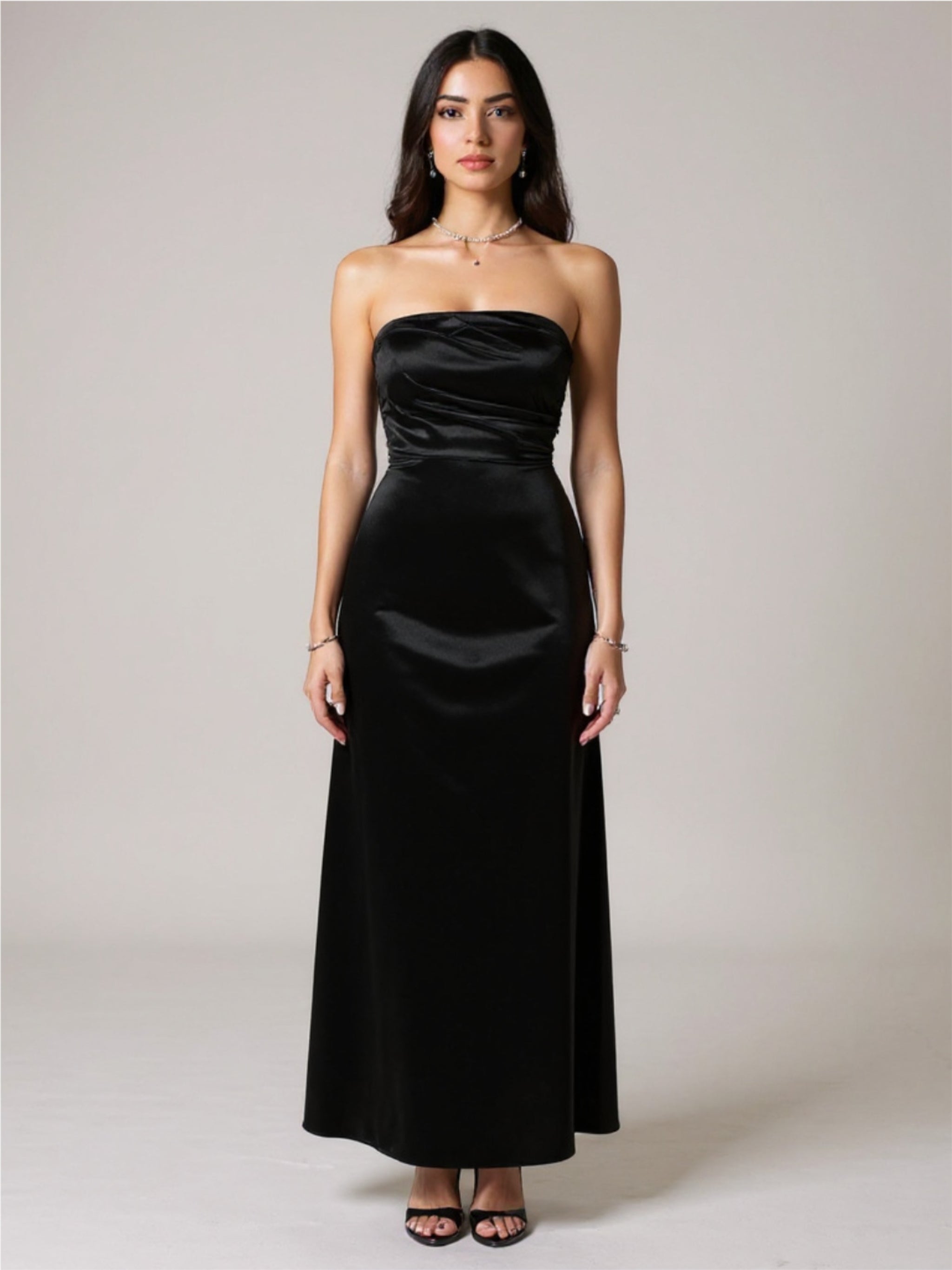 Ruched Satin Strapless Maxi Dress