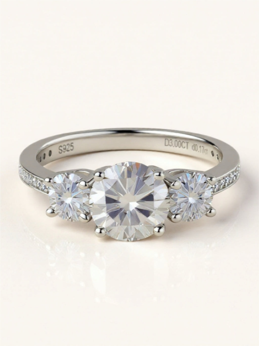 Sterling Silver Three-Stone Ring with 3-Carat Moissanite Center