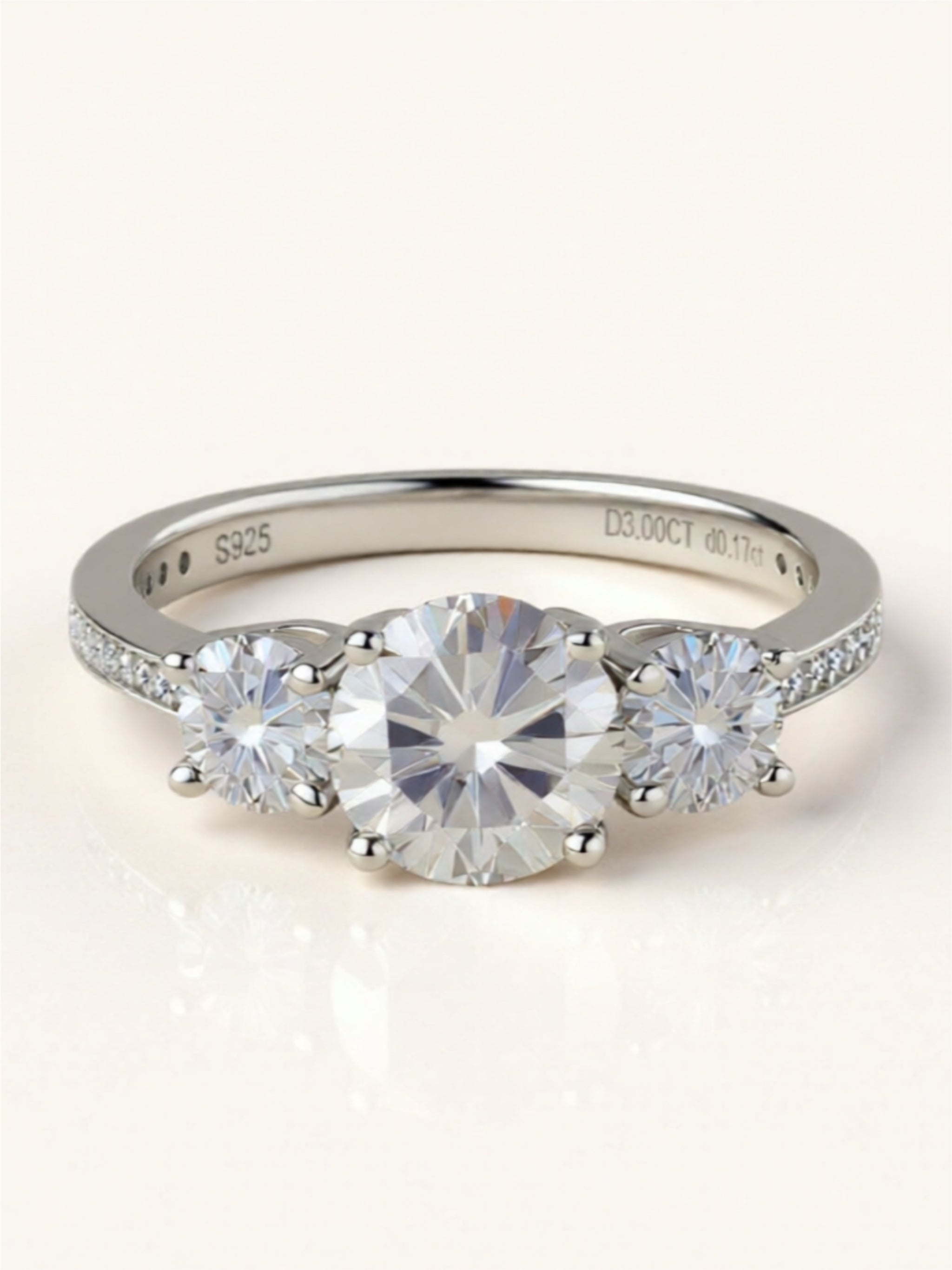 Sterling Silver Three-Stone Ring with 3-Carat Moissanite Center