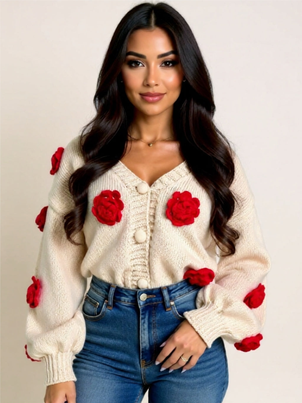 3D Floral Appliqué Buttoned Cardigan