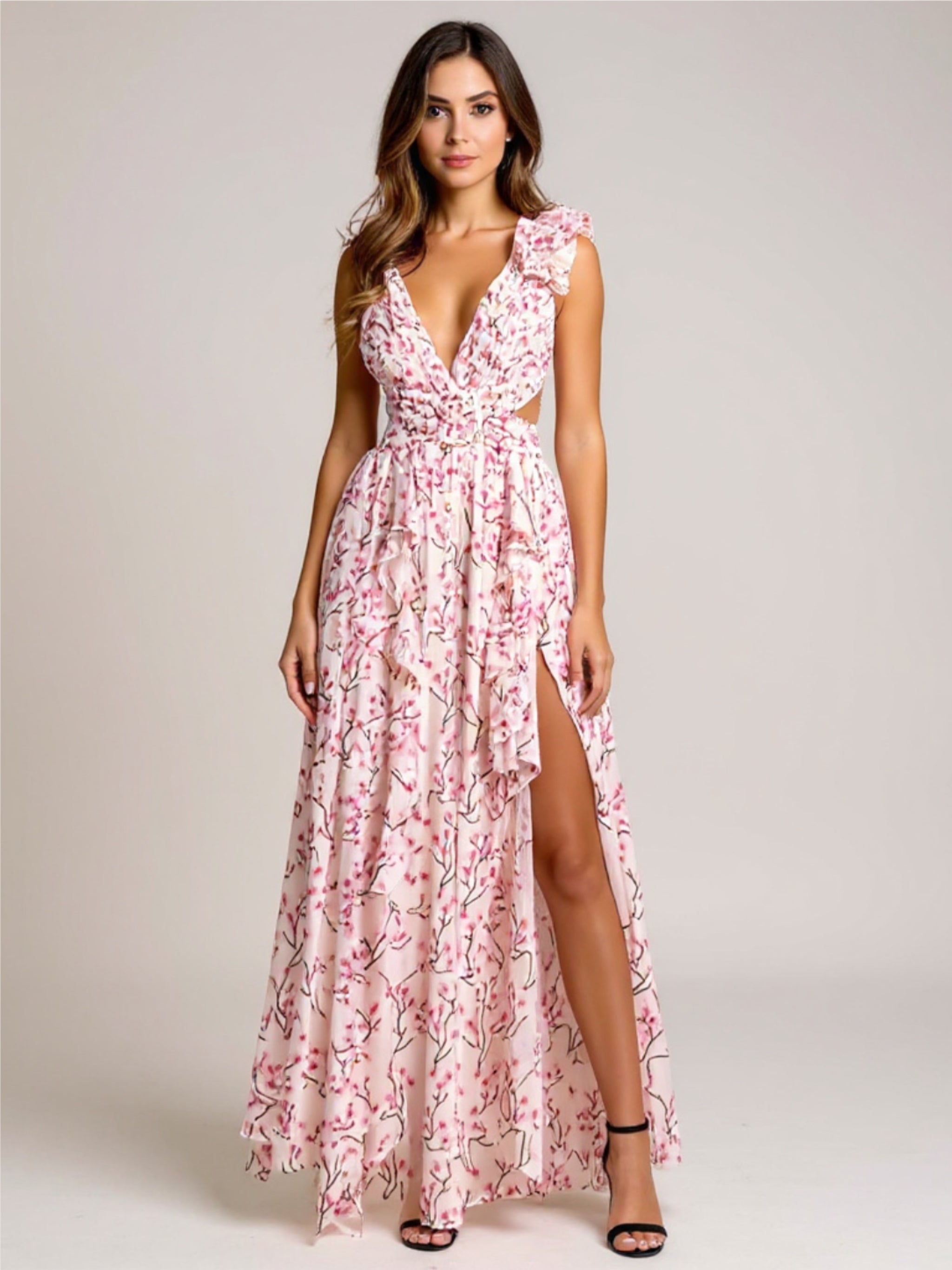 Pink Floral Deep V Backless Dress