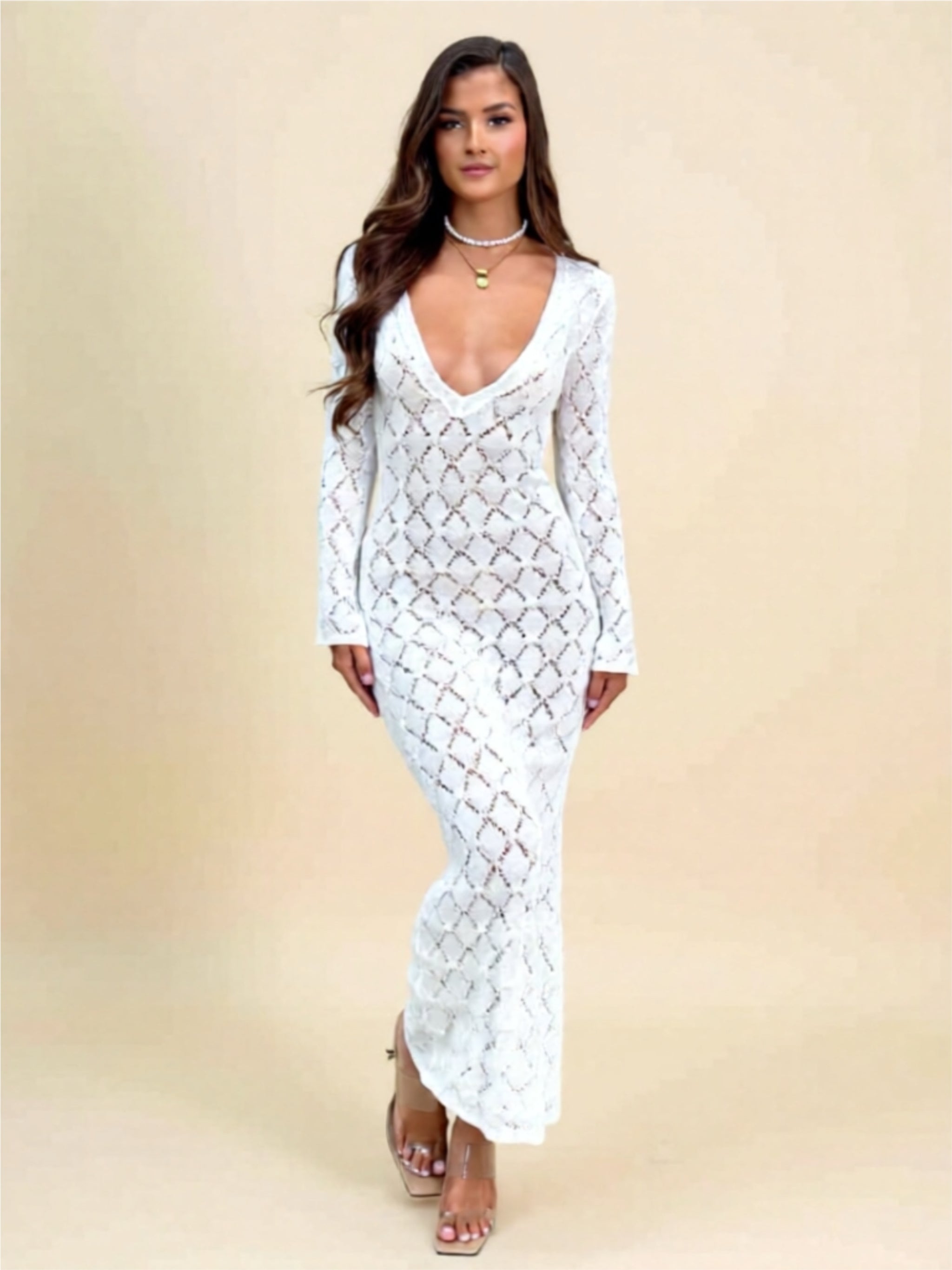 White Knit Long Sleeve Backless V-Neck Maxi Dress