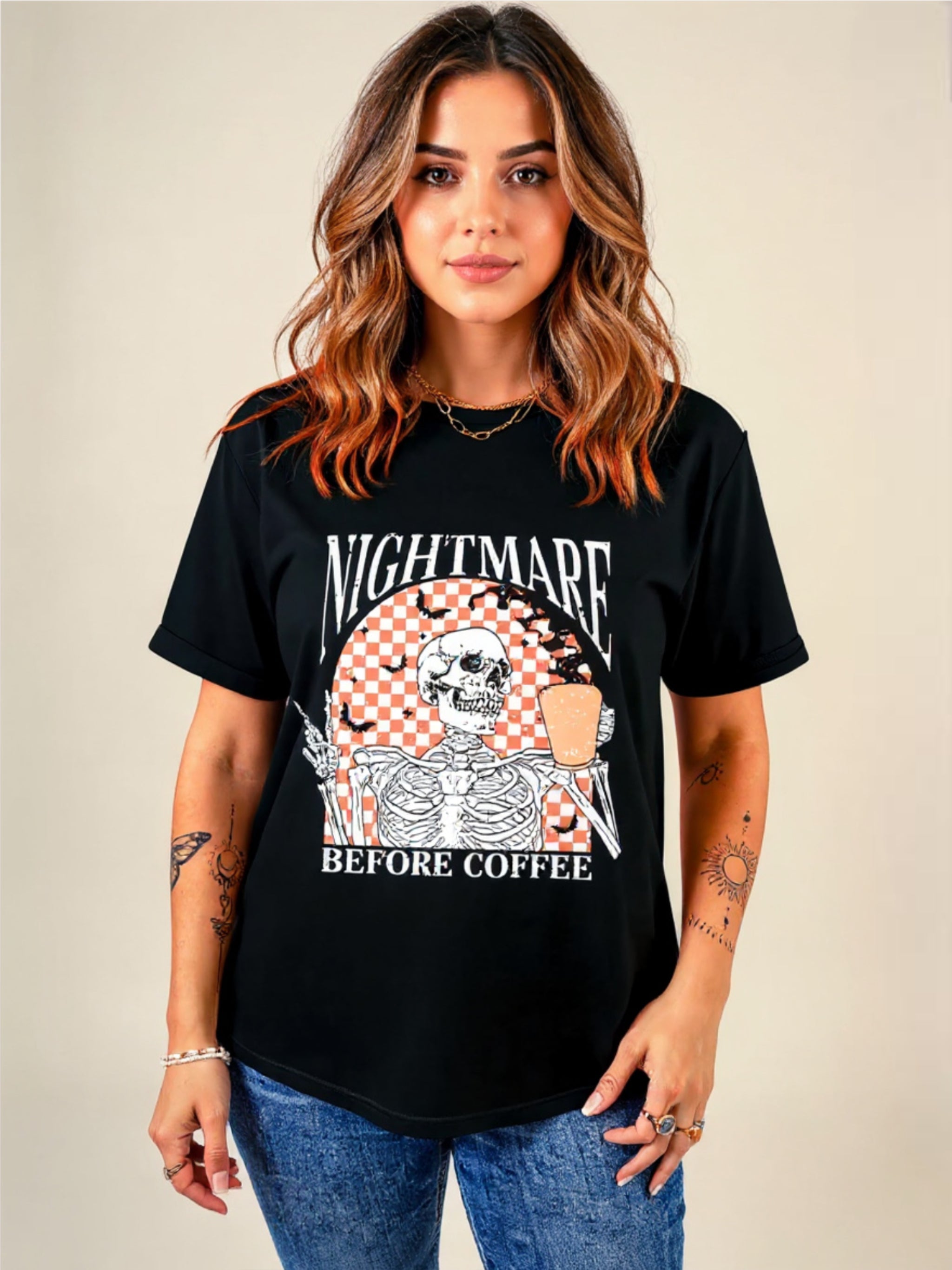 Halloween Skull Checkerboard Graphic Round Neck Tee