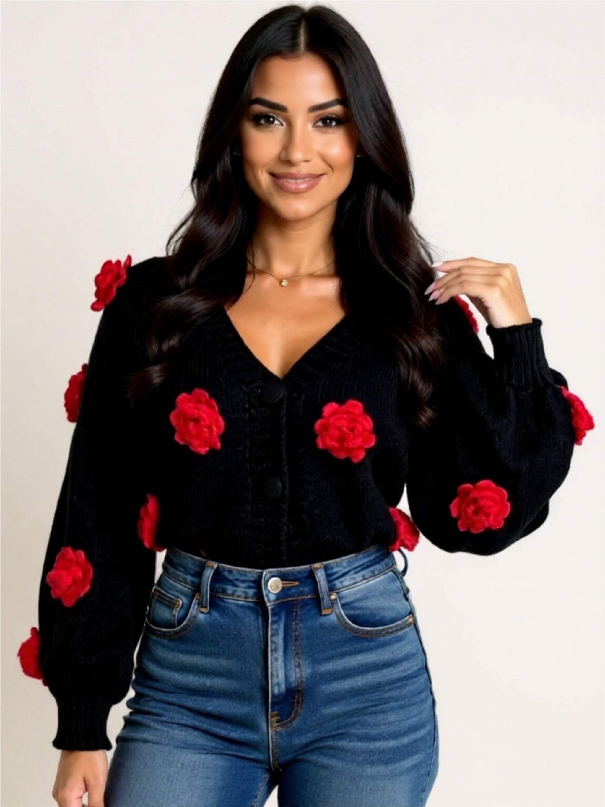 3D Floral Appliqué Buttoned Cardigan
