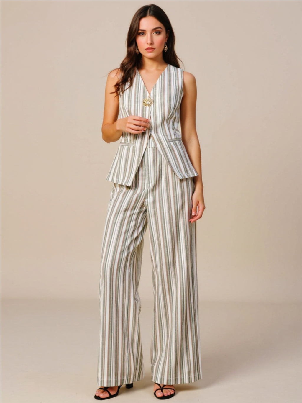 Striped Sleeveless V-Neck Top & Pants Two-Piece Set