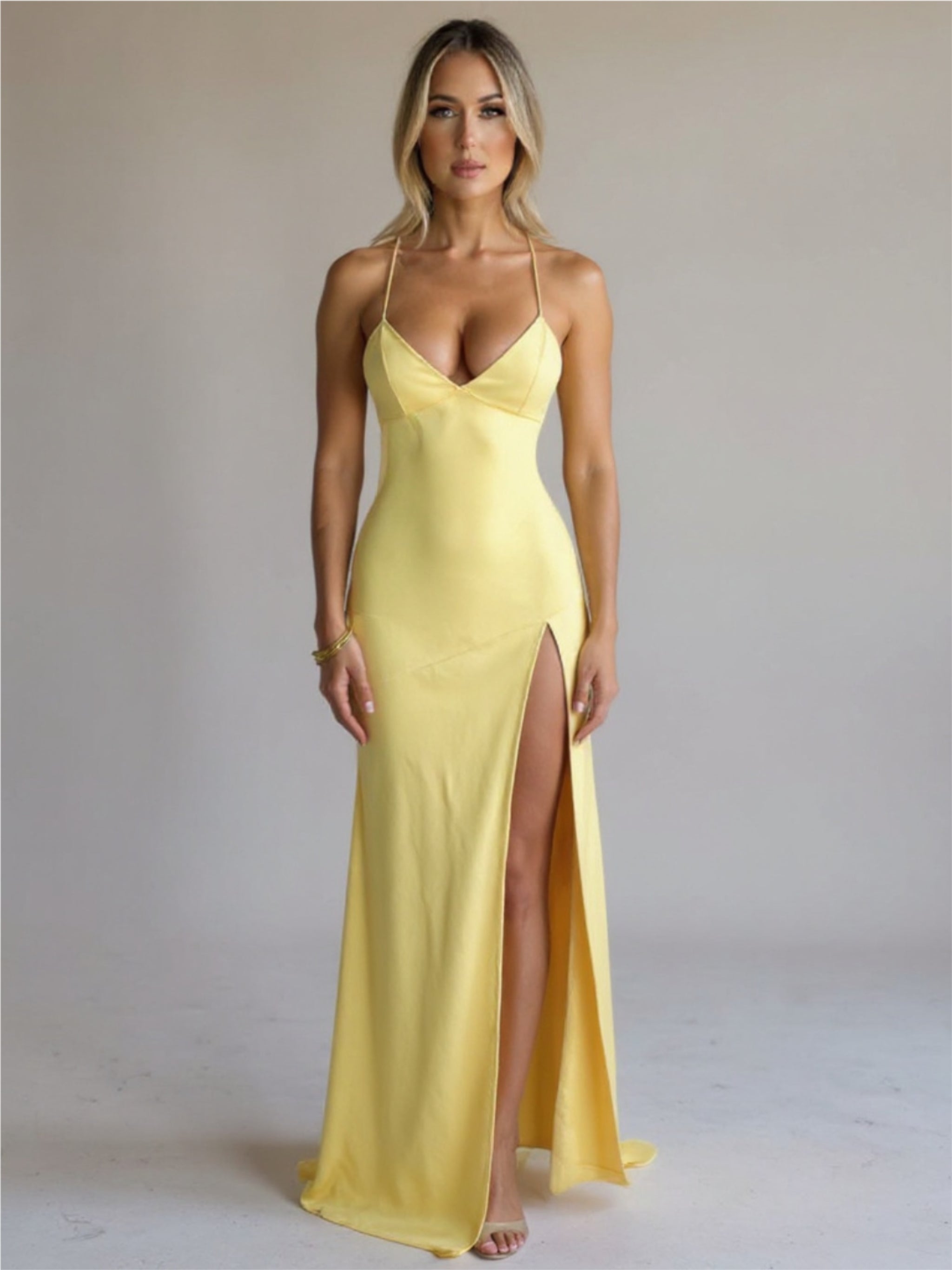 Backless Satin V-Neck Dress with High Slit