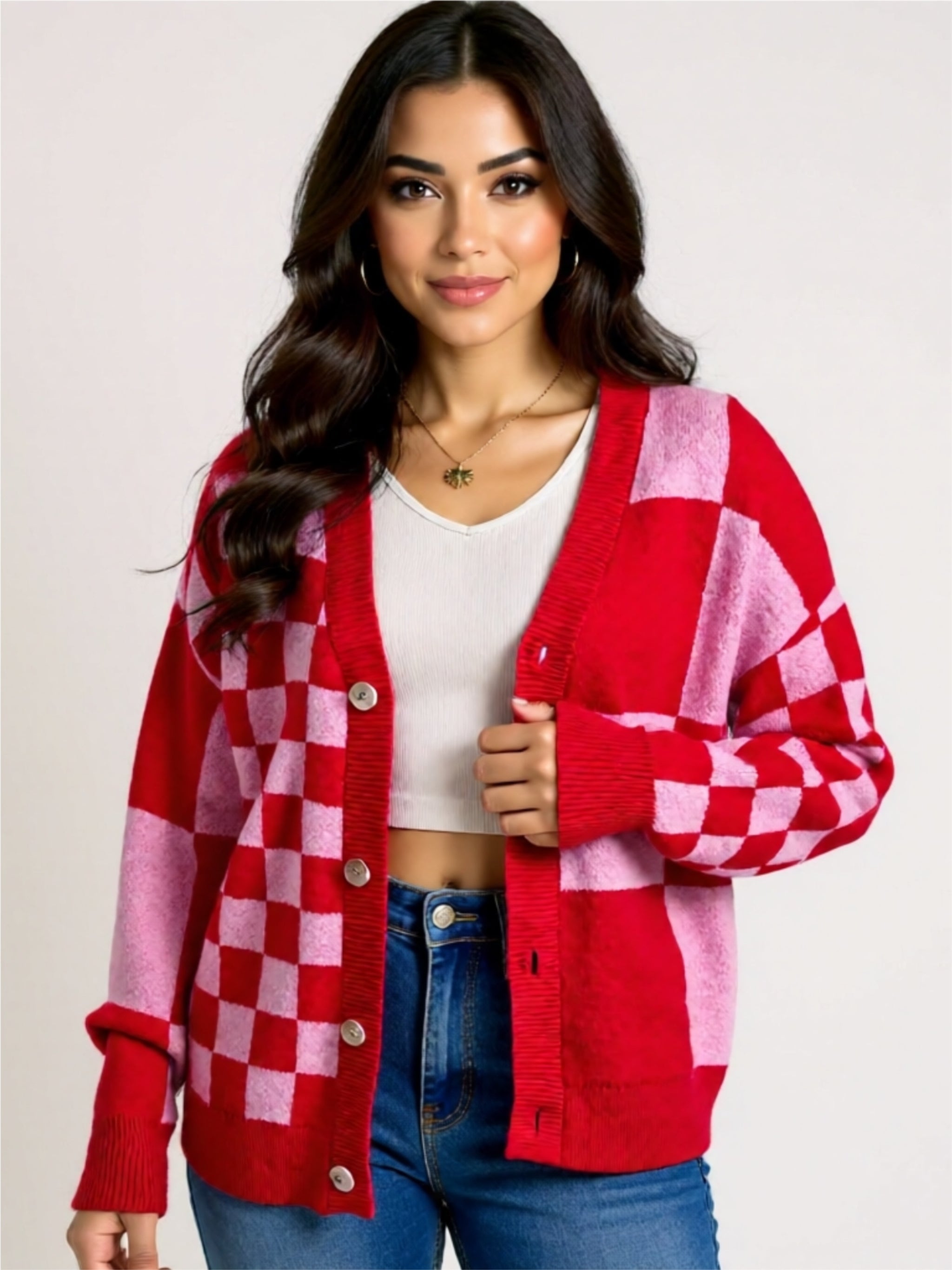 Checkerboard Buttoned Knit Cardigan
