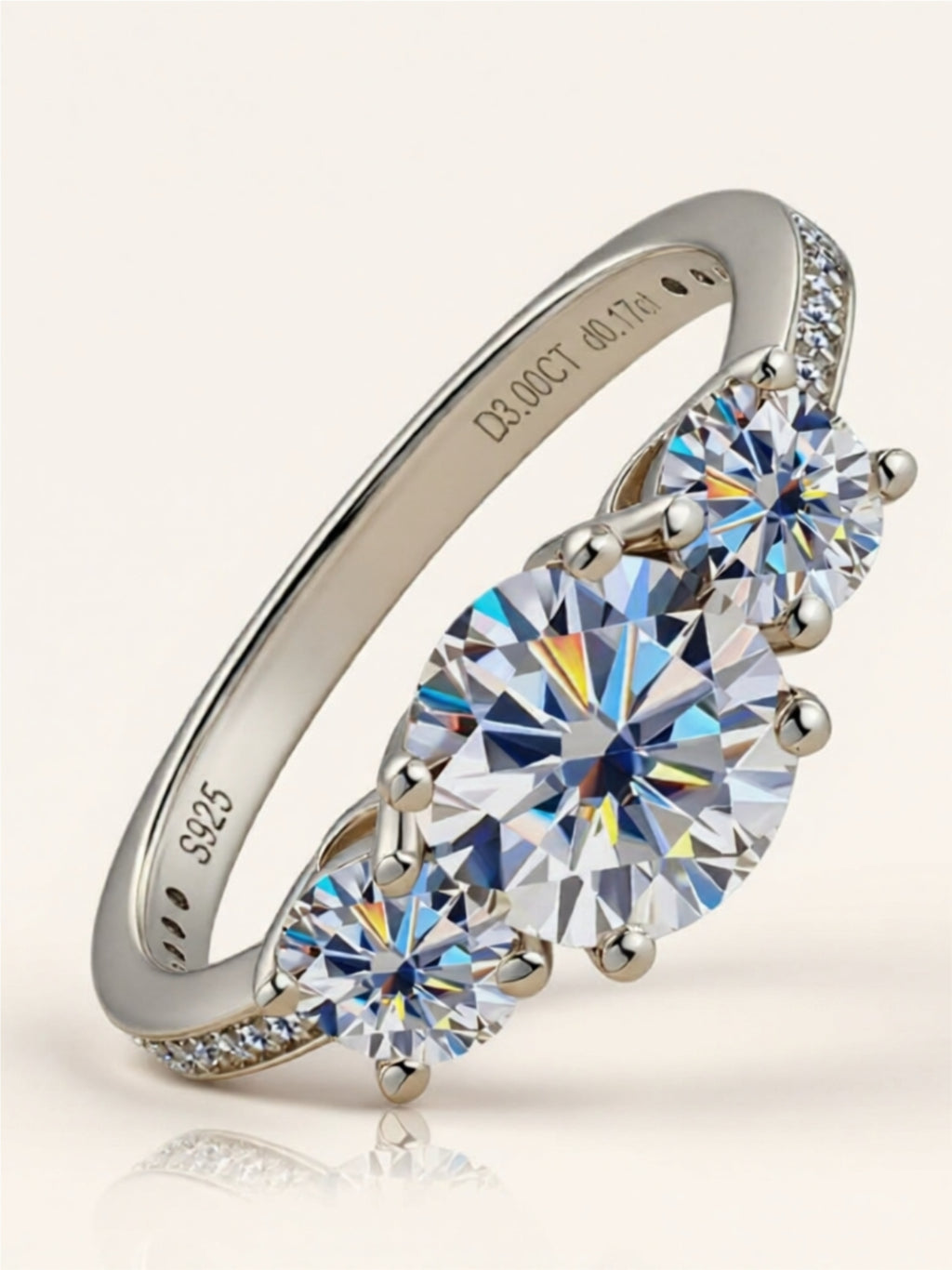 Sterling Silver Three-Stone Ring with 3-Carat Moissanite Center