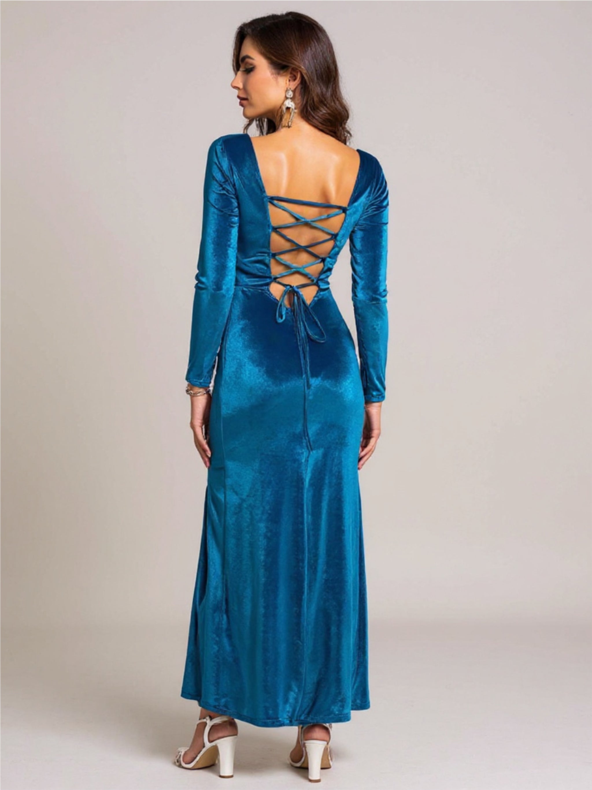 Dark Blue Tie Back Long Sleeve Dress with Slit