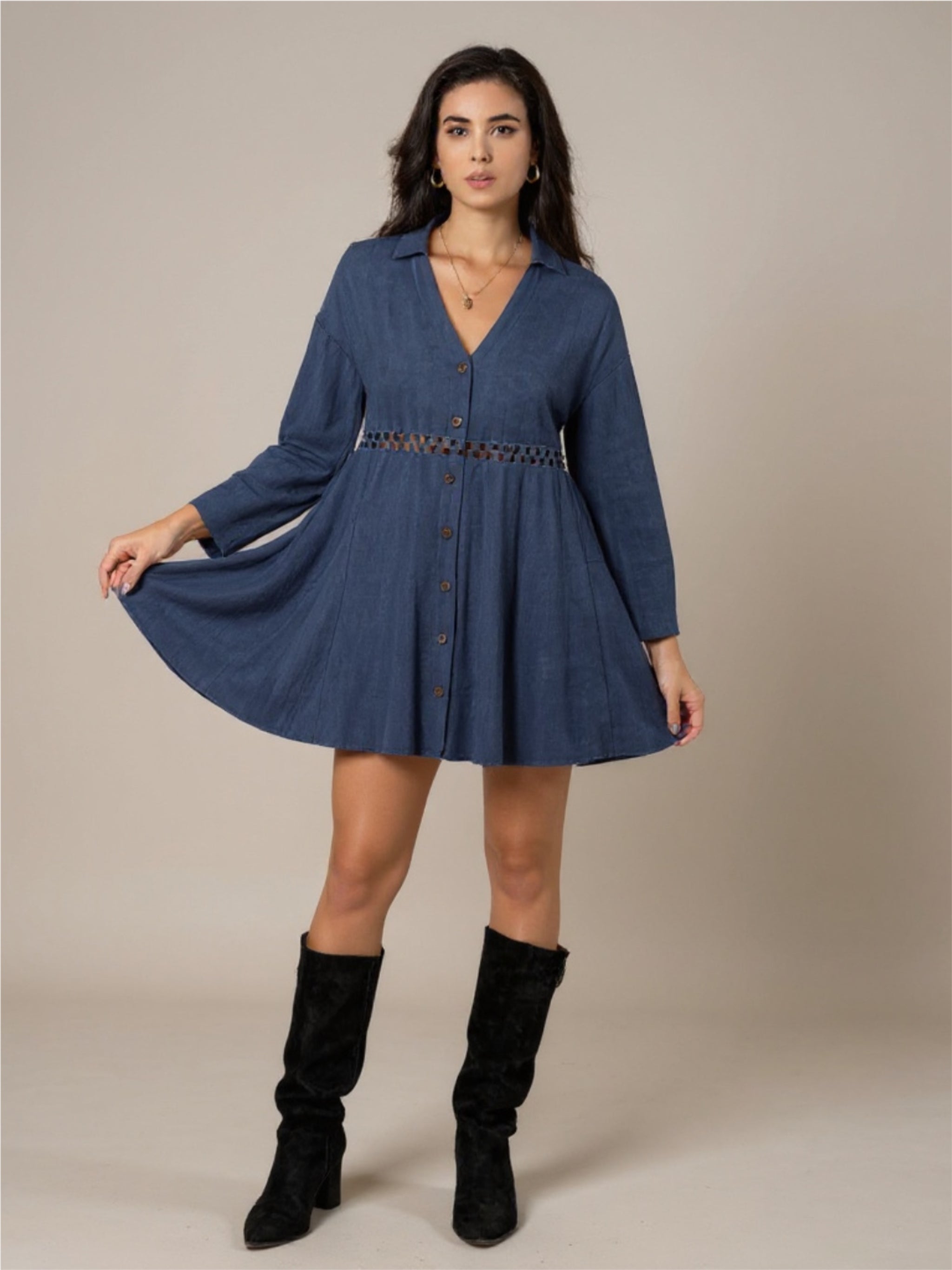 Long Sleeve Blue Short Dress with Cutout Waist