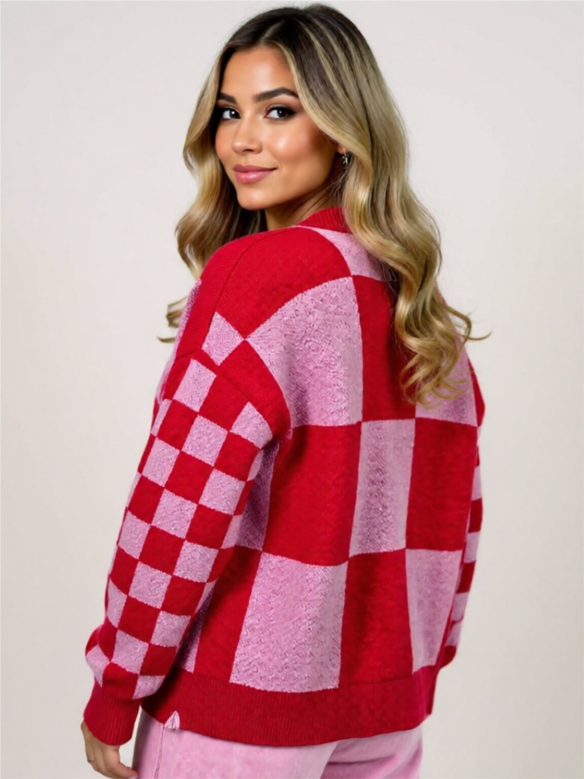 Checkerboard Buttoned Knit Cardigan