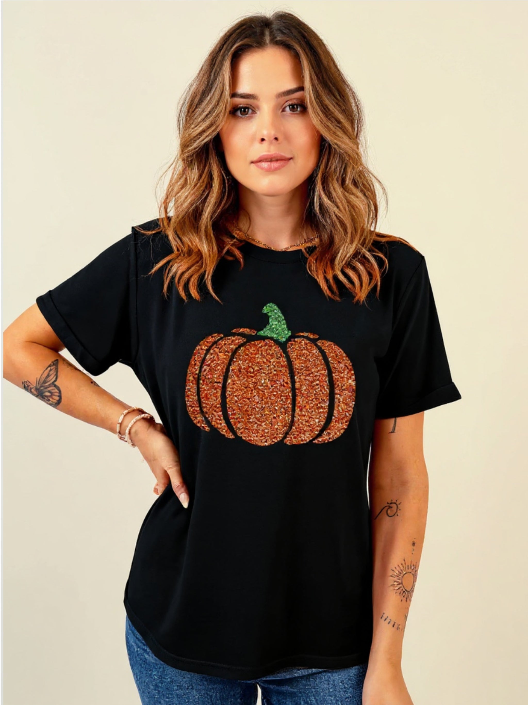 Glitter Pumpkin Round Neck Short Sleeve T-Shirt