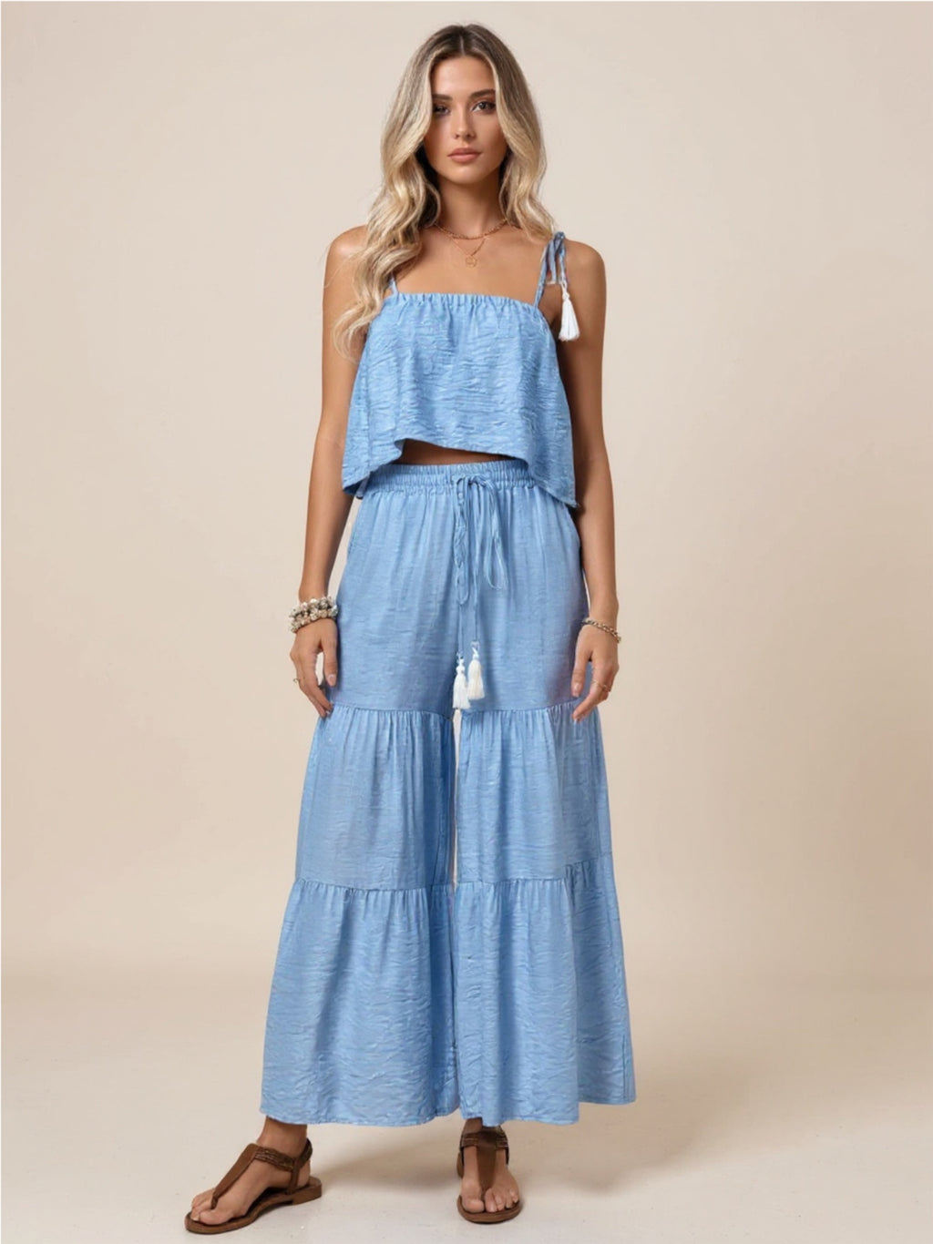 Blue Ruffle Cami Top & Wide Leg Pants Set