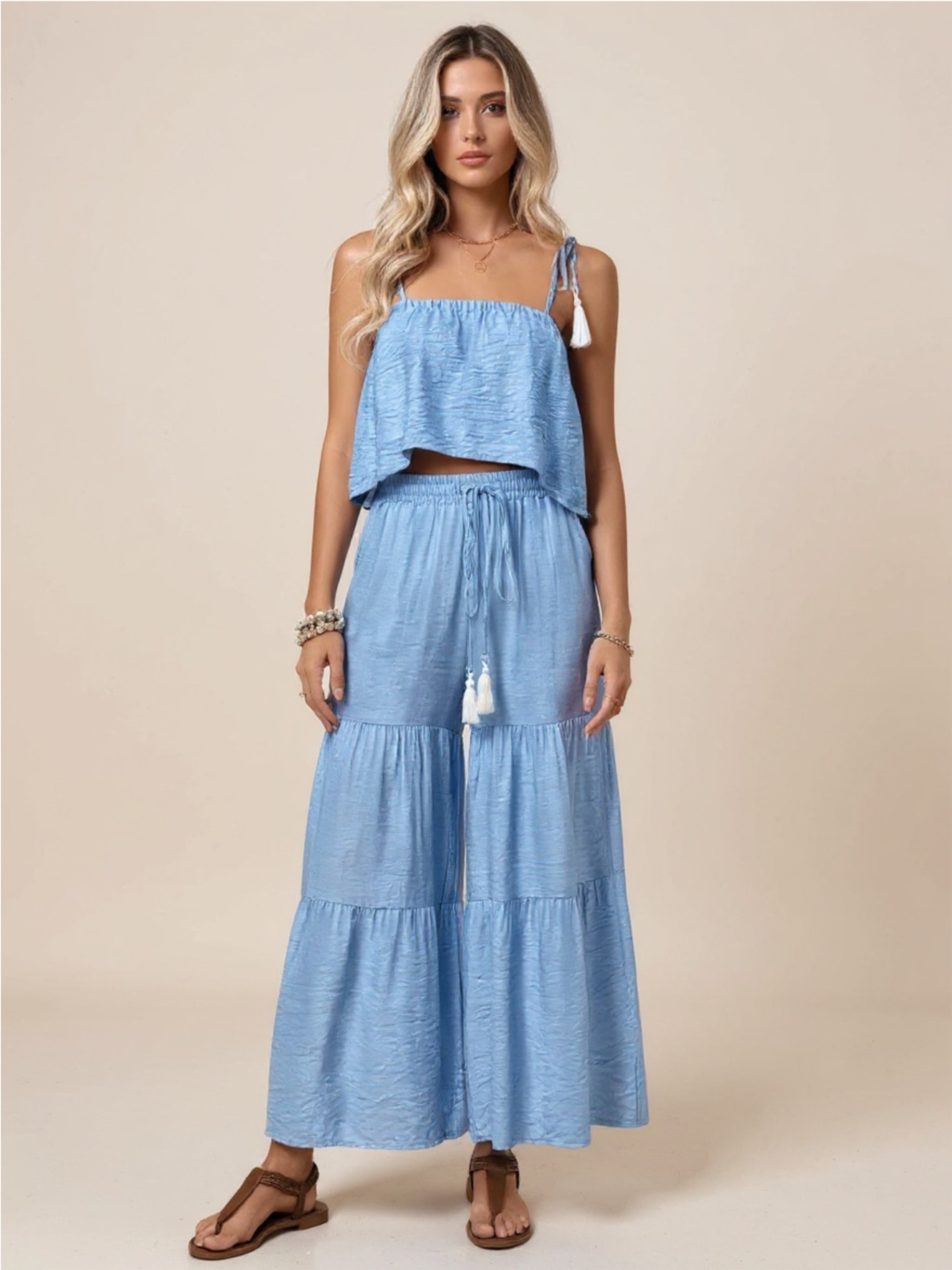 Blue Ruffle Cami Top & Wide Leg Pants Set
