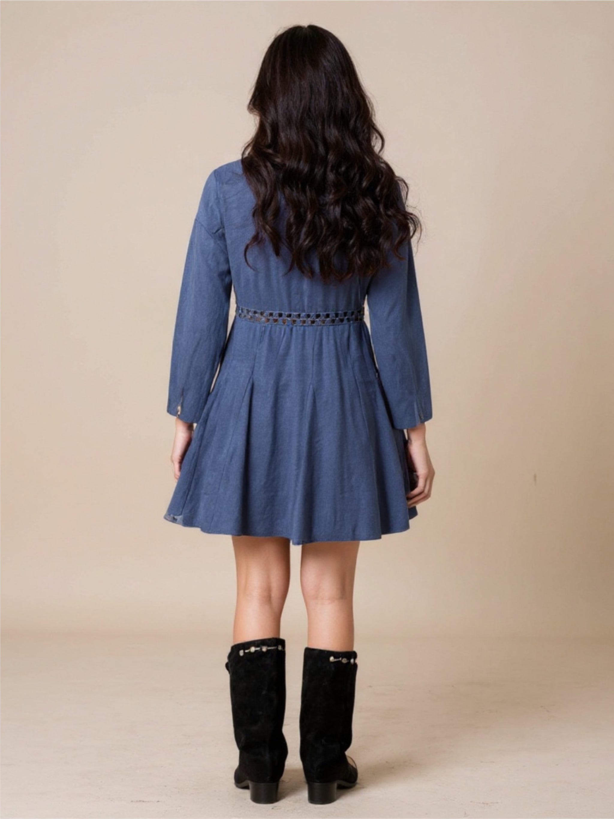 Long Sleeve Blue Short Dress with Cutout Waist