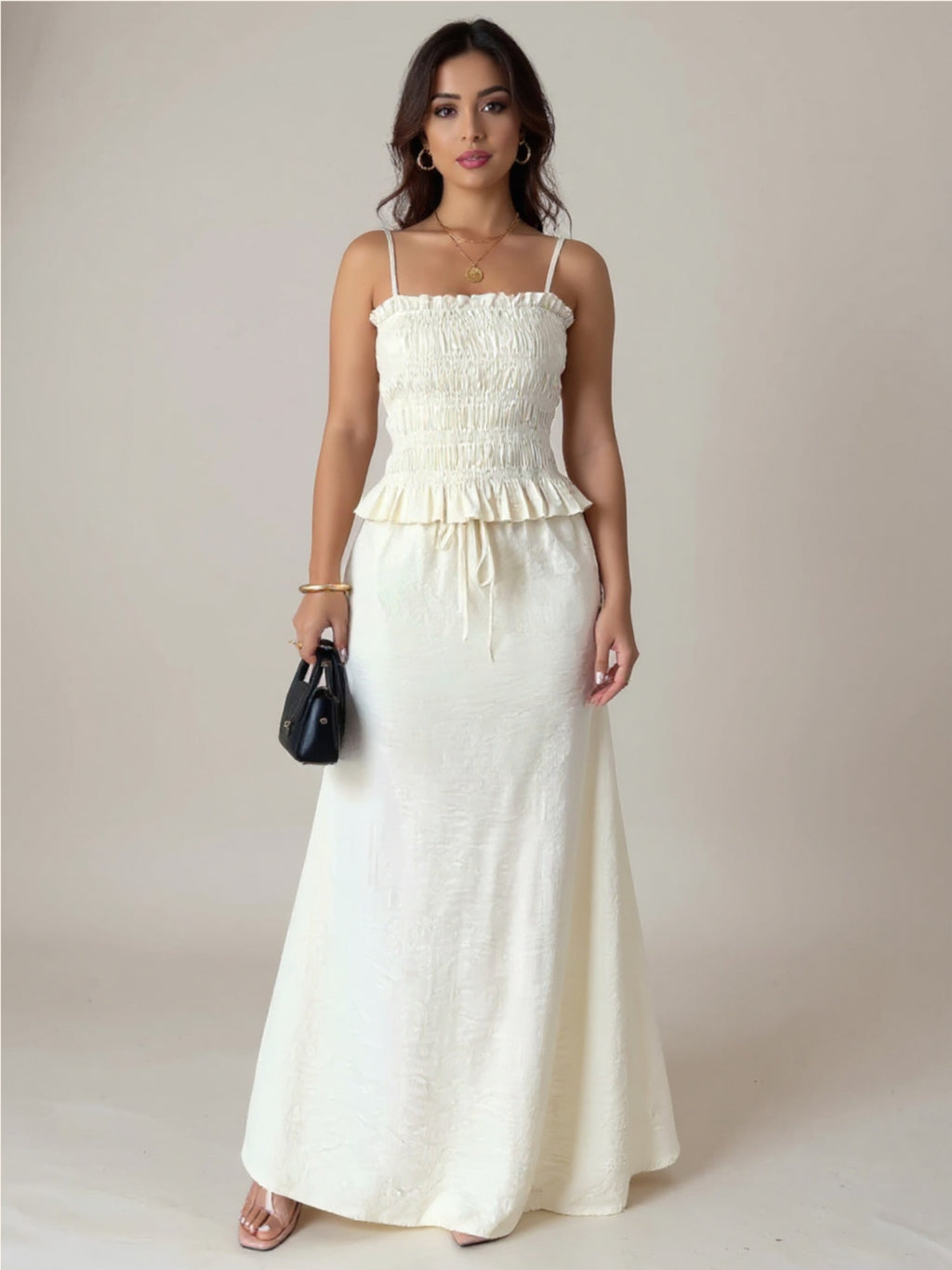 Beige Smocked Ruffled Hem Cami & Maxi Skirt Set