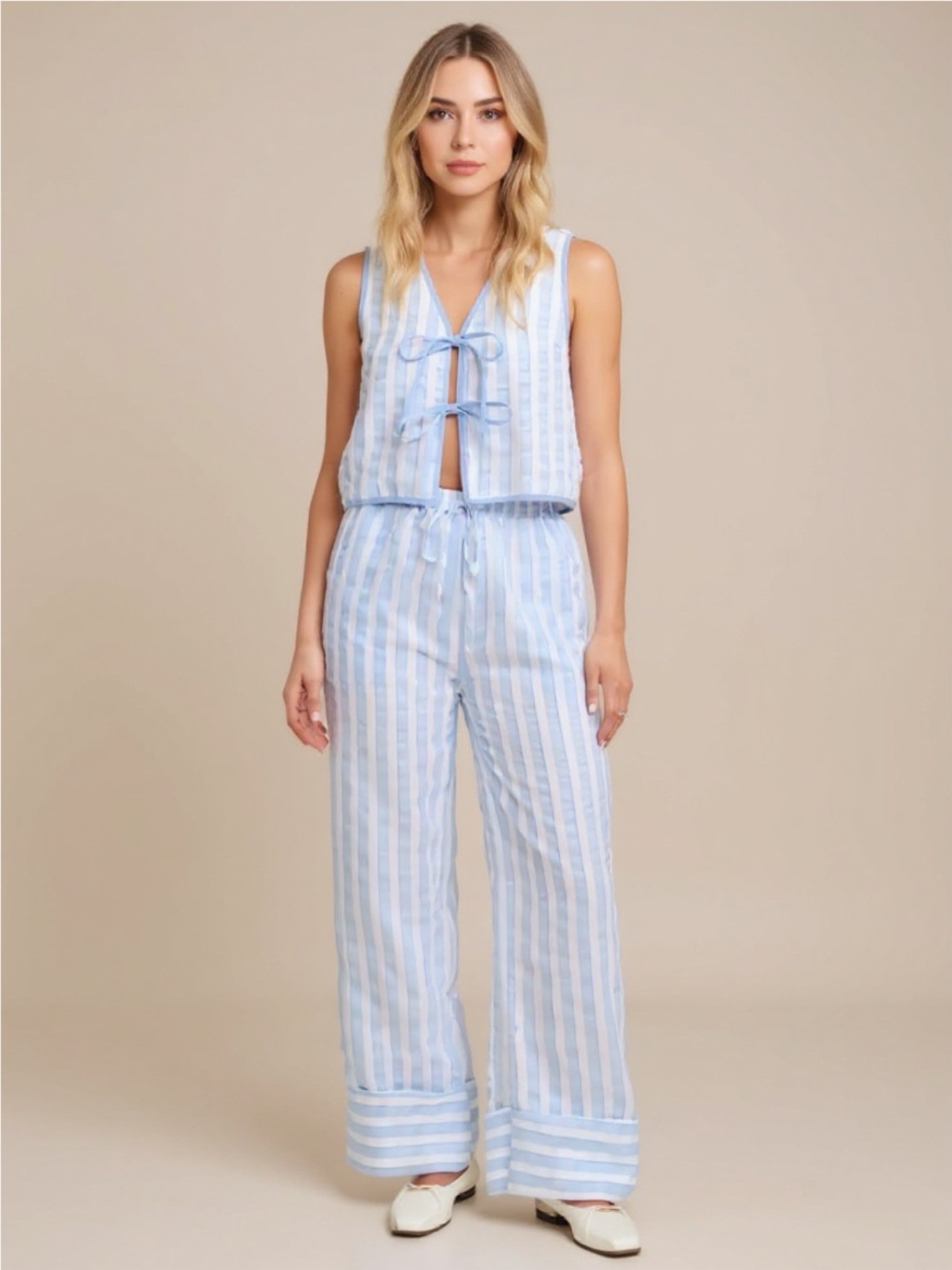Blue Tie Front Striped Vest & Pants Set